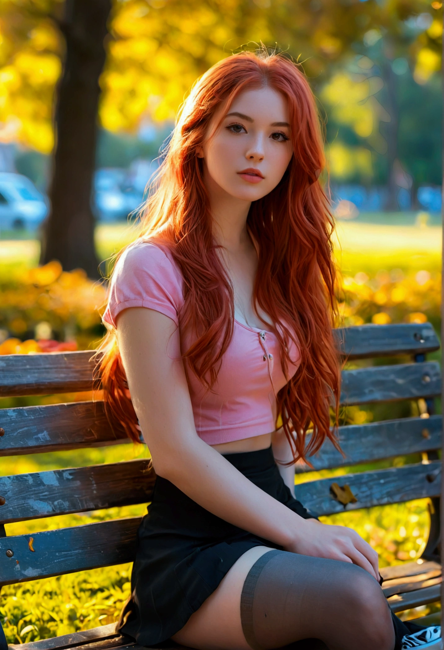 A beautiful 18-year-old girl with long red hair sits in the evening sun on a park bench in a large park. Her hair is tied back in a ponytail. The girl is wearing tight black leather pants and a ripped white T-shirt with a very large cleavage. Her very large breasts are very visible under the T-shirt. The high heels on her feet are very dominant. Behind the girl is a blonde woman in lingerie, which puts the girl's hand on the shoulder. best qualiät. blurred background. photorealestic. NSFW.