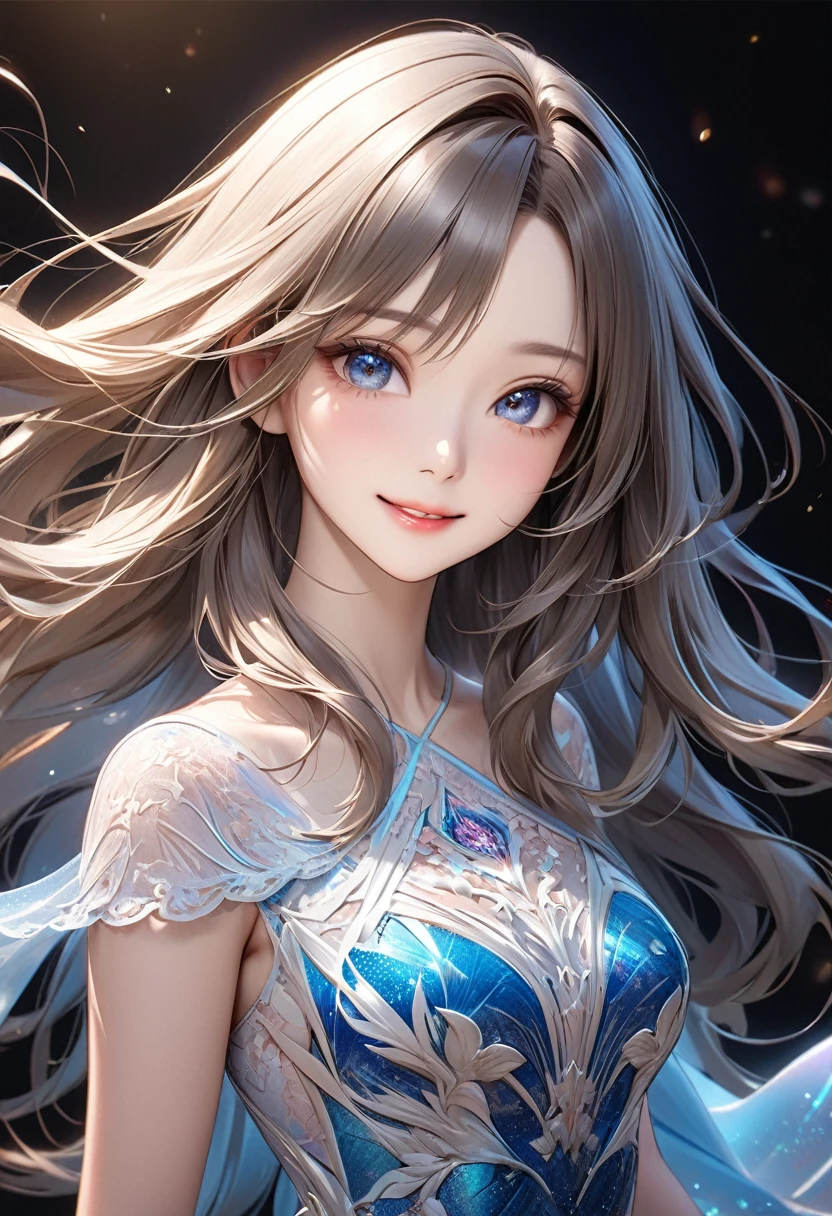 
                 Detailed and vivid depiction of beautiful girl posing as a model for photo (dynamic)棕色long hair女子 服装模特( perfect anatomy ) face detailed face. realistic eyes. The face and eyes are very detailed.


                       Delicate skin.、Delicate skin texture smile, long hair,  Fantasy fashion dress glow,, Elegant and flying silk holographic dress , 46-point slanted bangs, dark shadow background, black soft light, 

                           Professional photography master&#39;artwork, texture, complicated, Clear, High-quality masterpieces，Extremely complicated and exquisitely detailed,

                                  Super detailed, Super detailed digital art