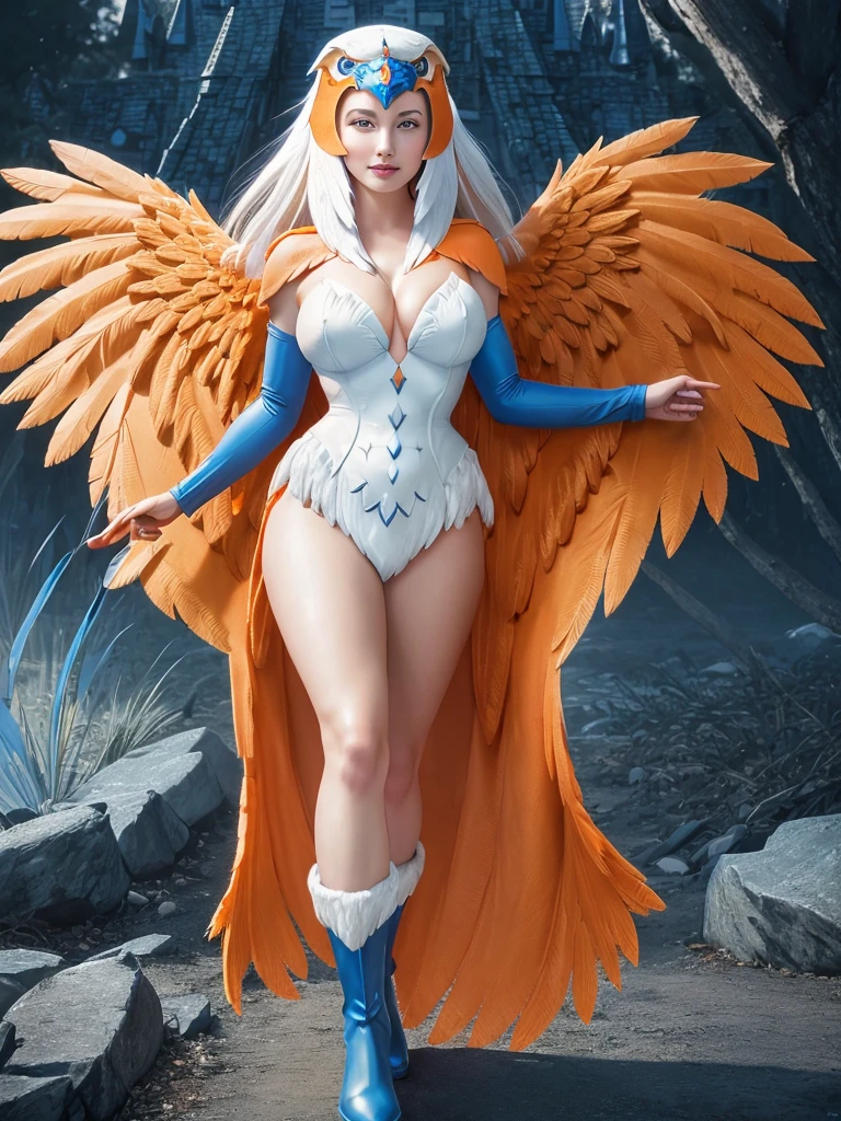 ((1girl)), full body, motu_sorceress, gorgeous woman, realistic, blue and white long sleeved v-neck bodysuit with feather detailing, eagle headdress, (orange and blue feather cloak:1.2), blue boots with white fur trim, (extremely detailed 8k wallpaper), masterpiece, best quality, ((intricate detail)), absurdres, ((perfect face)), ((perfect hands:1.3)), (soft smile:1.3), dynamic angle, dynamic pose, ((fantasy castle setting:1.2)), outdoors,