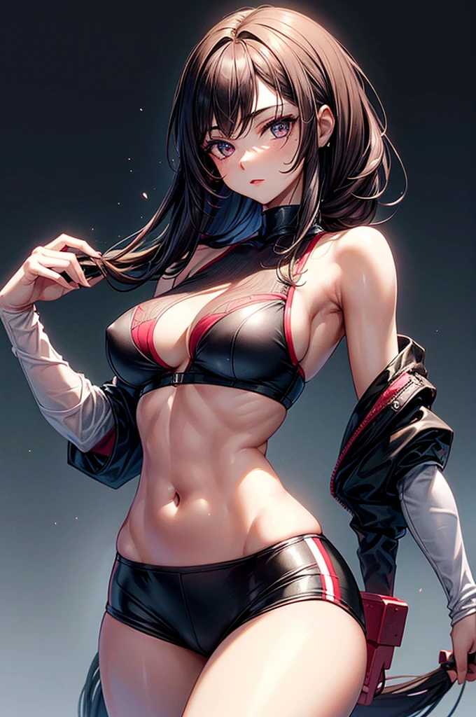 ((highest quality)),(ultra high resolution),(Super detailed), (best work of art), (ung girl:1.5), beautiful and well-shaped face:1.5,(Beautiful skin with precise and detailed depiction:1.6),(sports bra and waist band nylon shorts ),gorgeous, masterpiece, best quality, high-resolution, finely detailed, extremely detailed and beautiful, distinct-image, hourglass figure,, 1 girl, 18 year old teen, solo, sharp facial features, oval shaped face. cherry red lips,. velvet-colored eyes, C-cup breasts, tall height(175cm), slim curves, toned body type, flowing waist length ink-black dark violet hair, small narrow waist, long and slender legs, curvy wide hips, modern athletic setting, lightly tanned white skin