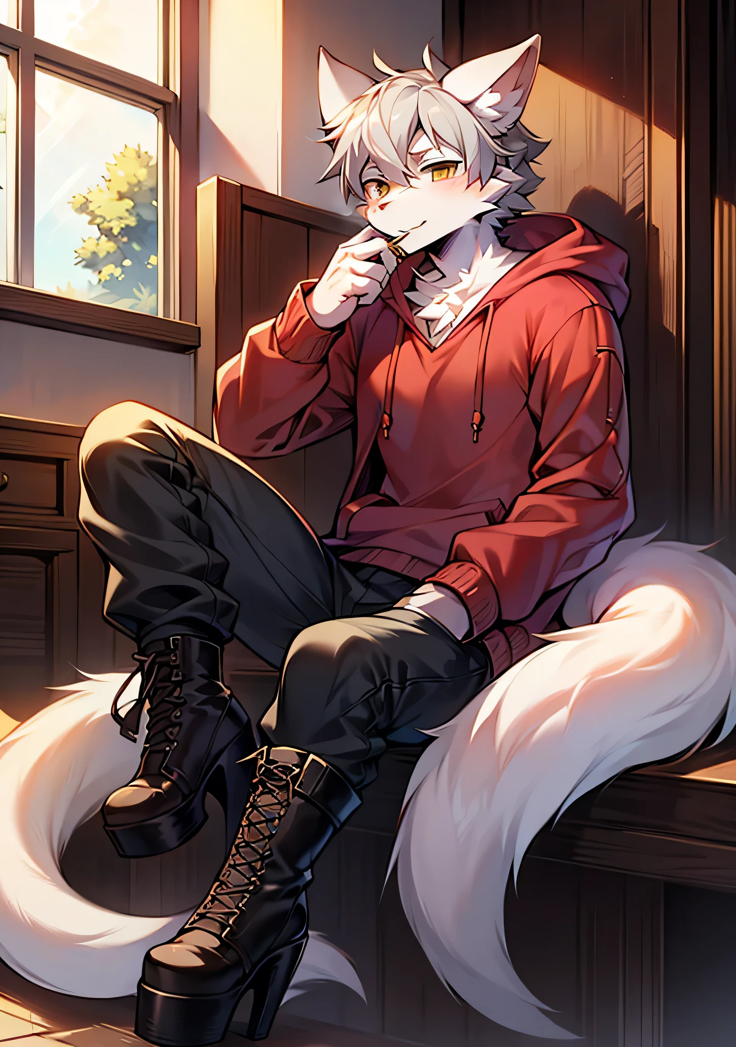 Gray Hair,alone,Sitting,Handsome face,whole body,Beastman,Fox,Dragon,Shota,Dragon Feather,hoodie,pants,Lace-up long boots,Platform heels,Cigarette in left hand