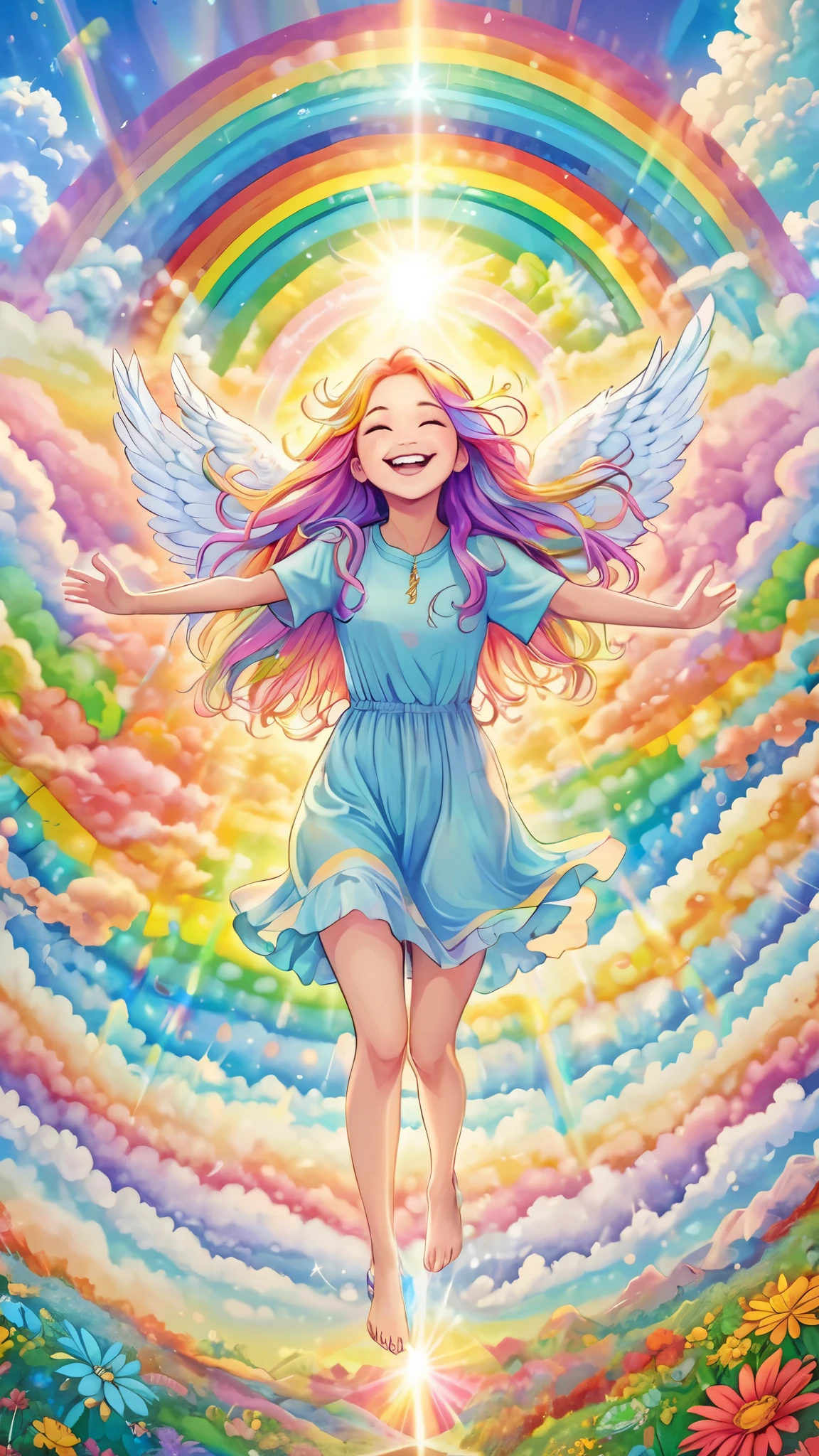 An angel rejoicing with the earth, Rainbow long hair pastel colors, pray, Grab the chakra stick, Mandala, Big rainbow light, happiness, smile, like、People are smaller、Background Main