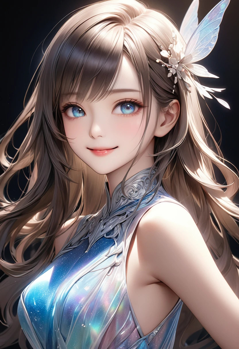 
                 Detailed and vivid depiction of beautiful girl posing as a model for photo (dynamic)棕色long hair女子 服装模特( perfect anatomy ) face detailed face. realistic eyes. The face and eyes are very detailed.


                       Delicate skin.、Delicate skin texture smile, long hair,  Fantasy fashion dress glow,, Elegant and flying silk holographic dress , 46-point slanted bangs, dark shadow background, black soft light, 

                           Professional photography master&#39;artwork, texture, complicated, Clear, High-quality masterpieces，Extremely complicated and exquisitely detailed,

                                  Super detailed, Super detailed digital art