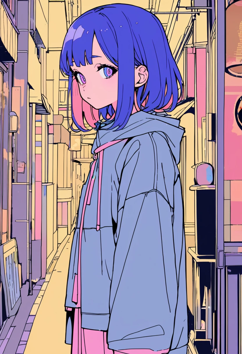 (Masterpiece, BestQuality),flat color, anime girl,lofi,japan,street,side view,(16yo,tween,detailed face,eyebrows,eyes with large irises,small breasts,small nose, fresh lips,shiny skin),spreads her arms wide,