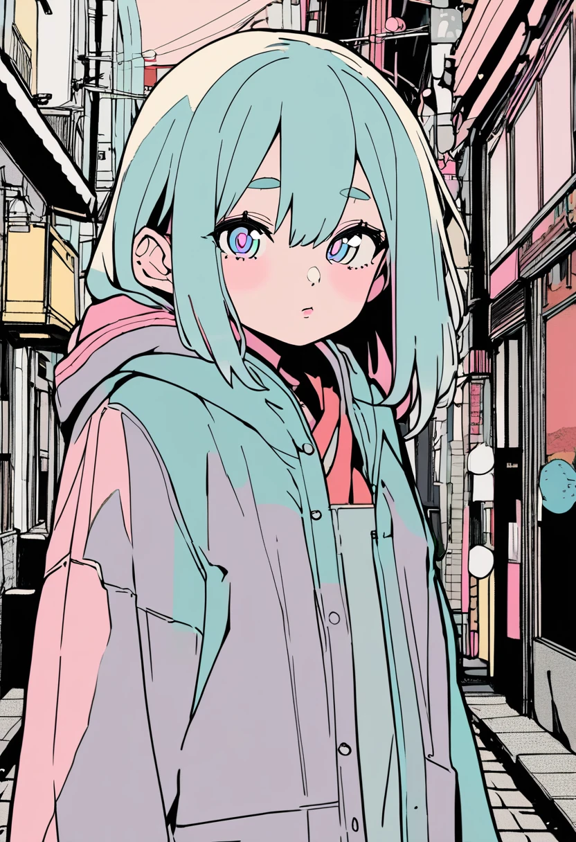 (Masterpiece, BestQuality),flat color, anime girl,lofi,japan,street,side view,(yo,twe,detailed face,eyebrows,eyes with large irises,small breasts,small nose, fresh lips,shiny skin),spreads her arms wide,