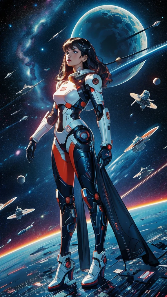 ((masterpiece, Highest quality)), 32K Wallpapers, Very detailed, Poster, Vintage science fiction, 1960s,(((space thriller cinematic movie Poster))), (Bauhaus), shape,Abstract, Midcentury Modern, movie Poster, Vintage, A woman fused with a robot,anime,1970s,Halftone,Speech bubble,Milky Way,(Superhero),((portfolio,close)),Cyborg of the Future,Combination of machine and woman,Space War,Star Wars,Evangelion,Gantz,Cyborg Lady