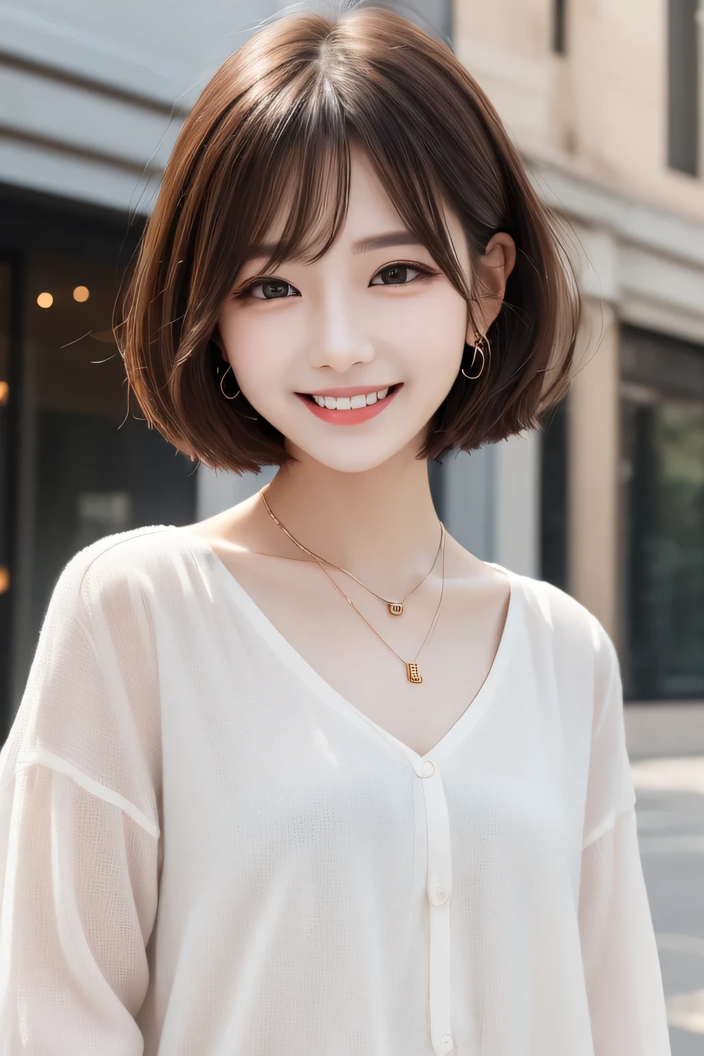 Highest quality, ,smile、Beautiful teeth alignment、Light brown hair、Dark eyeliner、Short Haircut、、Long sleeve blouse、ear piercing、necklace, , Face Focus、The background is the building's corridor.