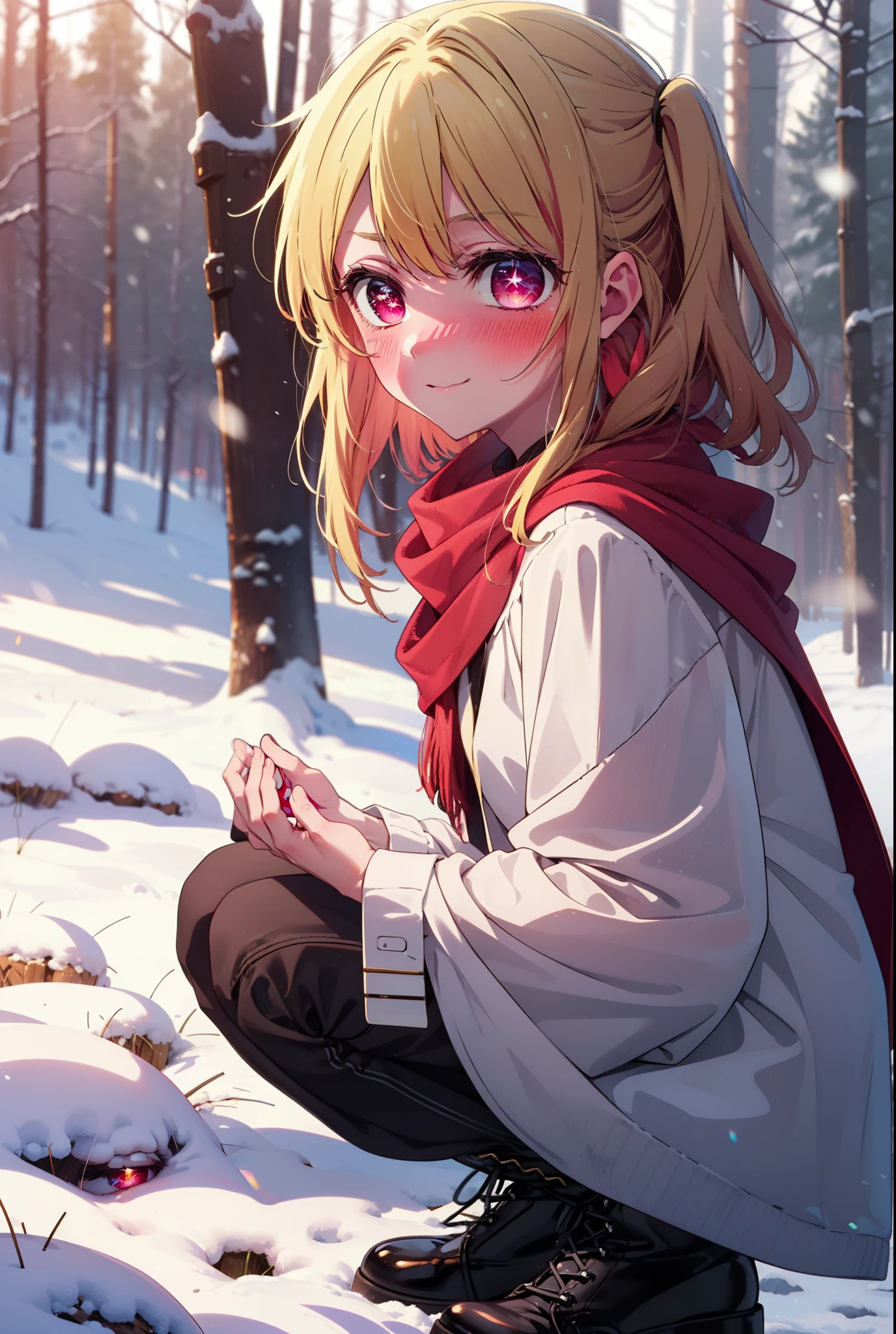 rubyhoshino, Hoshino Ruby, Long Hair, bangs, blonde, (Pink Eyes:1.3), Side Lock, (Symbol-shaped pupil:1.5), Multicolored Hair, Two-tone hair, smile,,smile,blush,white breath,
Open your mouth,snow,Ground bonfire, Outdoor, boots, snowing, From the side, wood, suitcase, Cape, Blurred, , forest, White handbag, nature,  Squat, Mouth closed, Cape, winter, Written boundary depth, Black shoes, red Cape break looking at viewer, Upper Body, whole body, break Outdoor, forest, nature, break (masterpiece:1.2), Highest quality, High resolution, unity 8k wallpaper, (shape:0.8), (Beautiful and beautiful eyes:1.6), Highly detailed face, Perfect lighting, Highly detailed CG, (Perfect hands, Perfect Anatomy),