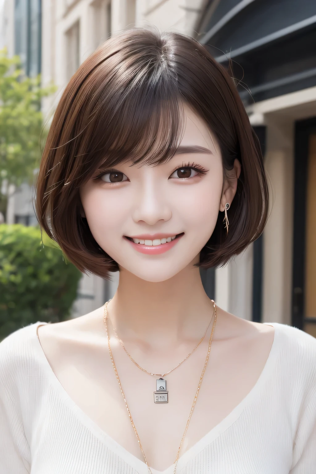 Highest quality, ,smile、Beautiful teeth alignment、Light brown hair、Dark eyeliner、Short Haircut、、Long sleeve blouse、ear piercing、necklace, , Face Focus、The background is the building&#39;s corridor.