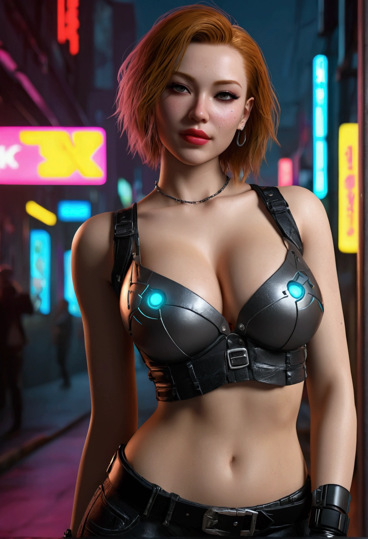 (((Cyberpunk))), ((20 years old girl)), (wearing cyberpunk tops : 1.4), (in a cyberpunk city), (night time), (((gigantic size breasts, cleavage))),(sexy), ((hourglass figure)), lipstick, photorealistic, masterpiece, realistic, realism, photorealism, high contrast, photorealistic, 8k HD high definition detailed realistic, detailed, skin texture, hyper detailed, realistic skin texture, best quality, (photorealistic:1.4), high resolution, detailed, raw photo, photo realistic, (high detailed skin:1.2), 8k uhd, dslr, soft lighting, high quality, film grain, Fujifilm XT3), hyper realistic lifelike texture dramatic lighting unreal engine, even, neutral light, key light, bold, bright colours, (dynamic lighting), (soft lighting), ((soft red lipstick)), (natural makeup), ((short ginger hair)), ((glossy skin)), (colorful lighting), (smile: 1.2), (showing her armpits : 1.4), (upper body shot)