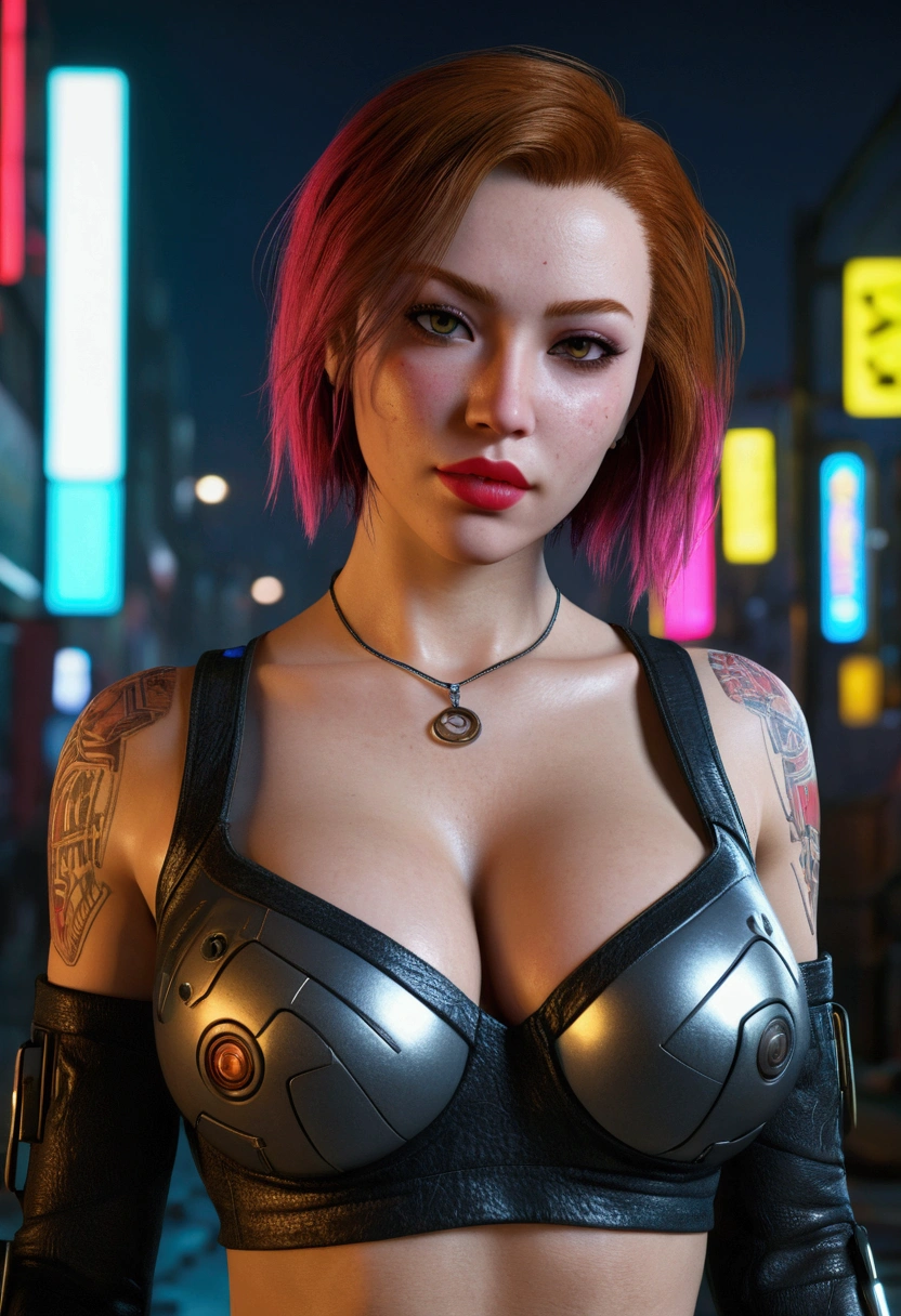 (((Cyberpunk))), ((20 years old girl)), (wearing cyberpunk tops : 1.4), (in a cyberpunk city), (night time), (((gigantic size , cleavagxy), ((hourgl figure)), lipstick, photorealistic, masterpiece, realistic, realism, photorealism, high contrast, photorealistic, 8k HD high definition detailed realistic, detailed, skin texture, hyper detailed, realistic skin texture, best quality, (photorealistic:1.4), high resolution, detailed, raw photo, photo realistic, (high detailed skin:1.2), 8k uhd, dslr, soft lighting, high quality, film grain, Fujifilm XT3), hyper realistic lifelike texture dramatic lighting unreal engine, even, neutral light, key light, bold, bright colours, (dynamic lighting), (soft lighting), ((soft red lipstick)), (natural makeup), ((short ginger hair)), ((glossy skin)), (colorful lighting), (smile: 1.2), (showing her armpits : 1.4), (upper body shot)