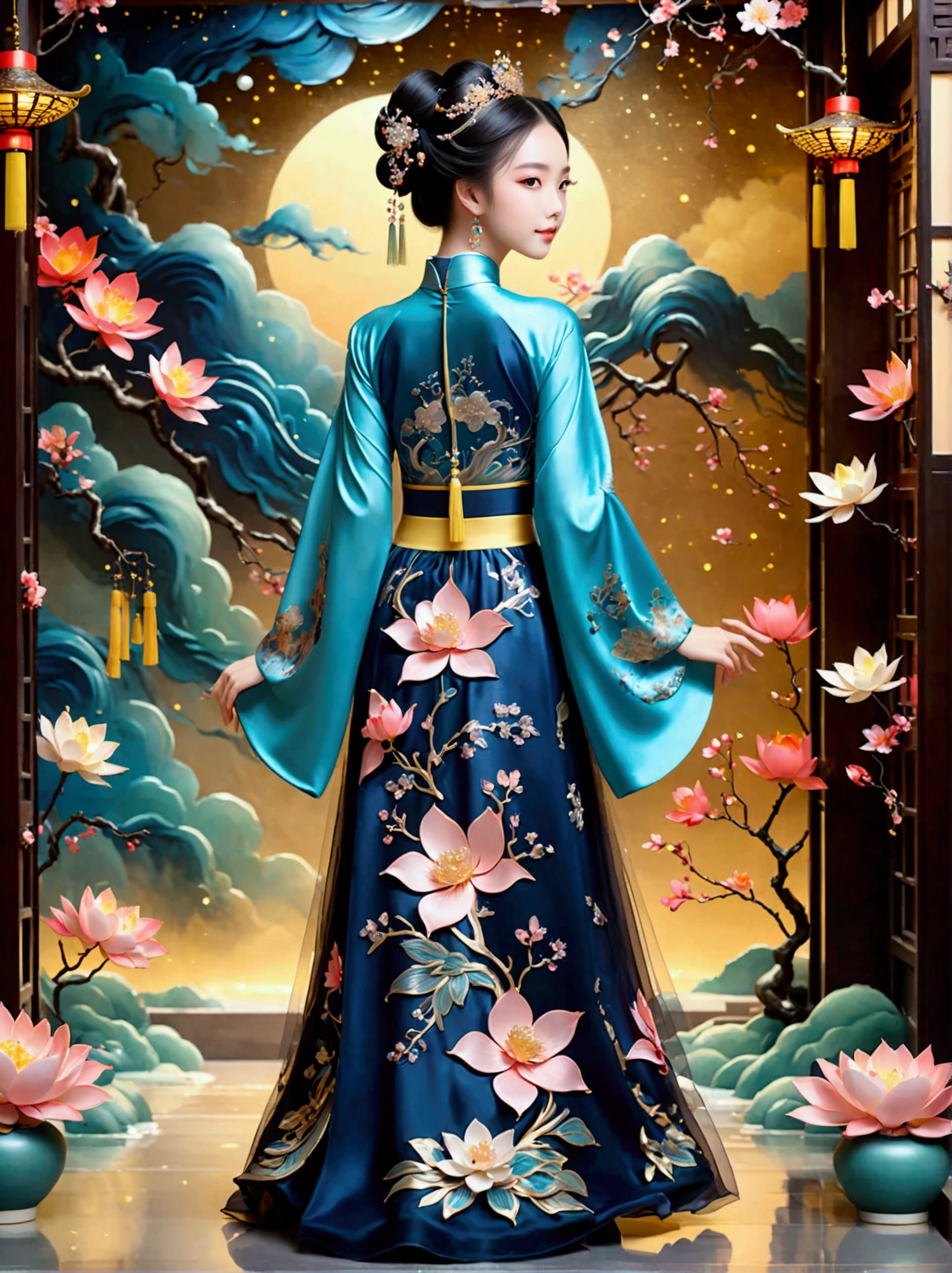 by Julien Arnal,Abstract Pictorial,Cartoon illustration,Sequins,Ambilight,Healing gouache,Starry Sky,Dark night shimmer,Youth Manga,Bright tones,gorgeous,Beautiful illustrations,Morandi color tone,Beautiful model catwalk,Performing dance steps。Wearing Ming Dynasty Hanfu,玫瑰Long skirt,Princess dress,gorgeous复古宫廷风格连衣裙,Long skirt,超Long skirt,- Wide hem,Long skirt下摆接近地面,The style is a high-end dress from the Hanfu Fashion Week,Haute couture,Private custom,Fashion show model,Big show,Tulle accessories on skirt。Necklace on the neck,short hair,Hair up,Headdress,big eyes,It's beautiful,((There was only one female model on the catwalk)),Men and women make up a large part of,The runway is covered with flowers,Background covered with flowers,Female model with a smile on her face,Standing,Elegant and dignified posture,8k,Ultra HD,masterpiece,precise,Textured Skin,High Detail,Best quality,Awards,Long Shot,Sense of distance,(Vector illustration:1.5)