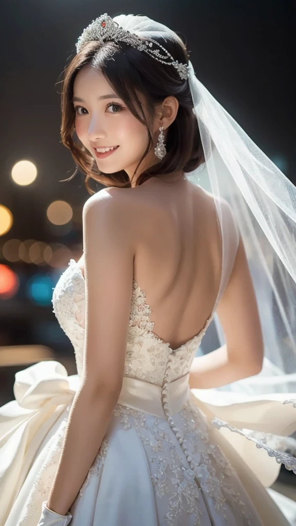 A cinematic masterpiece captures the breathtaking beauty of a stunning bride. Facing the camera with a flawless face, her bright blue eyes shine like precious gems. Her plump lips curve into a joyful smile, framing her alluring female form beneath an off-the-shoulder wedding dress adorned with a majestic headdress. Against a dark background, she exudes happiness as cowboy-themed studio lights radiate an energetic atmosphere, illuminating every detail in high resolution. The focus is sharp, highlighting the intricate details of her outfit, from the delicate patterns to the subtle texture of the fur trim. A stunning portrait of Anna Dittman-like beauty, dressed in a fitted red and white dress with fur trim, wide sleeves, and gloves, set against a darker bokeh background. Her long ash-brown hair cascades down her back as she gazes directly at the viewer with a captivating smile.