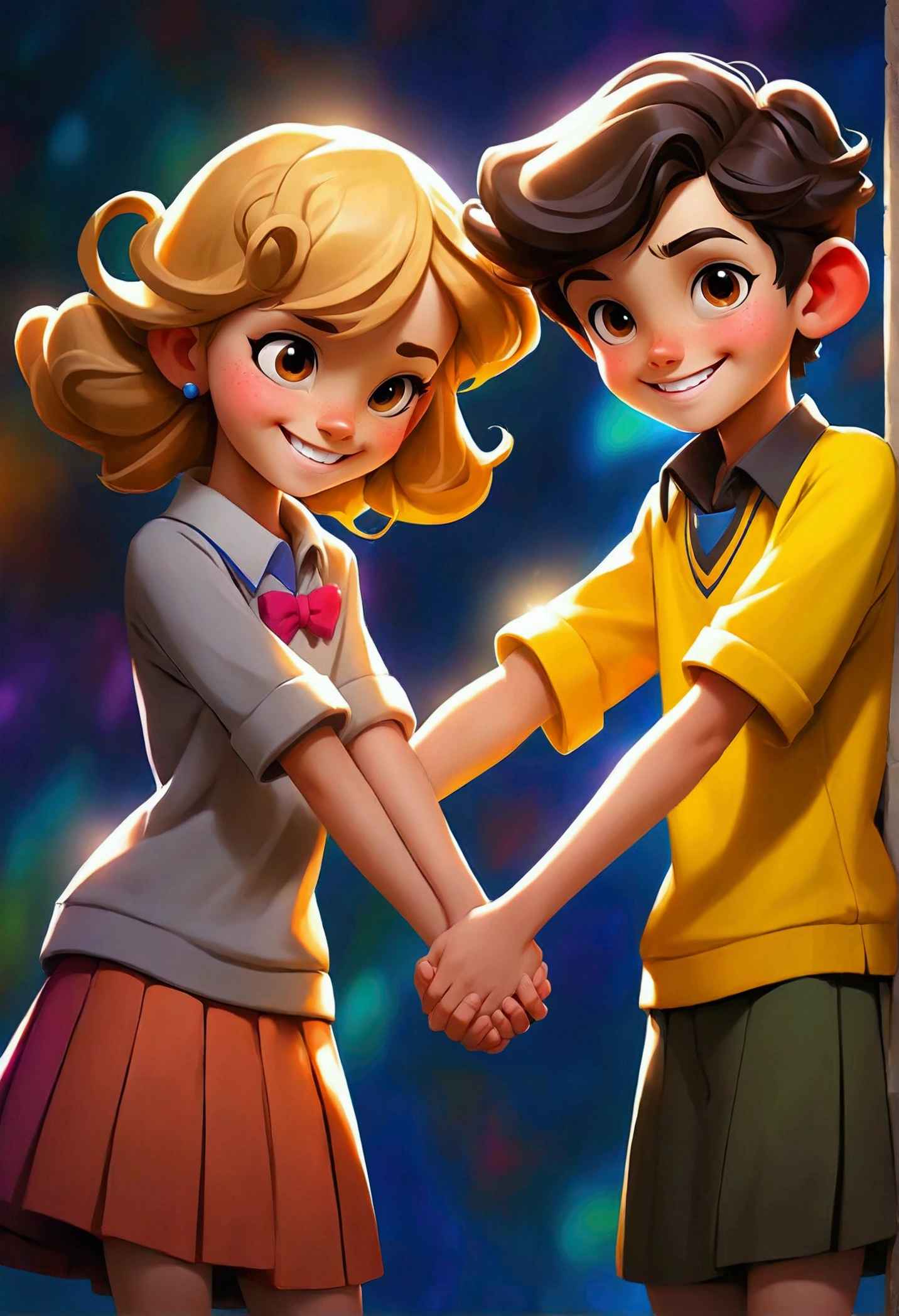 Smiling junior high school students holding hands