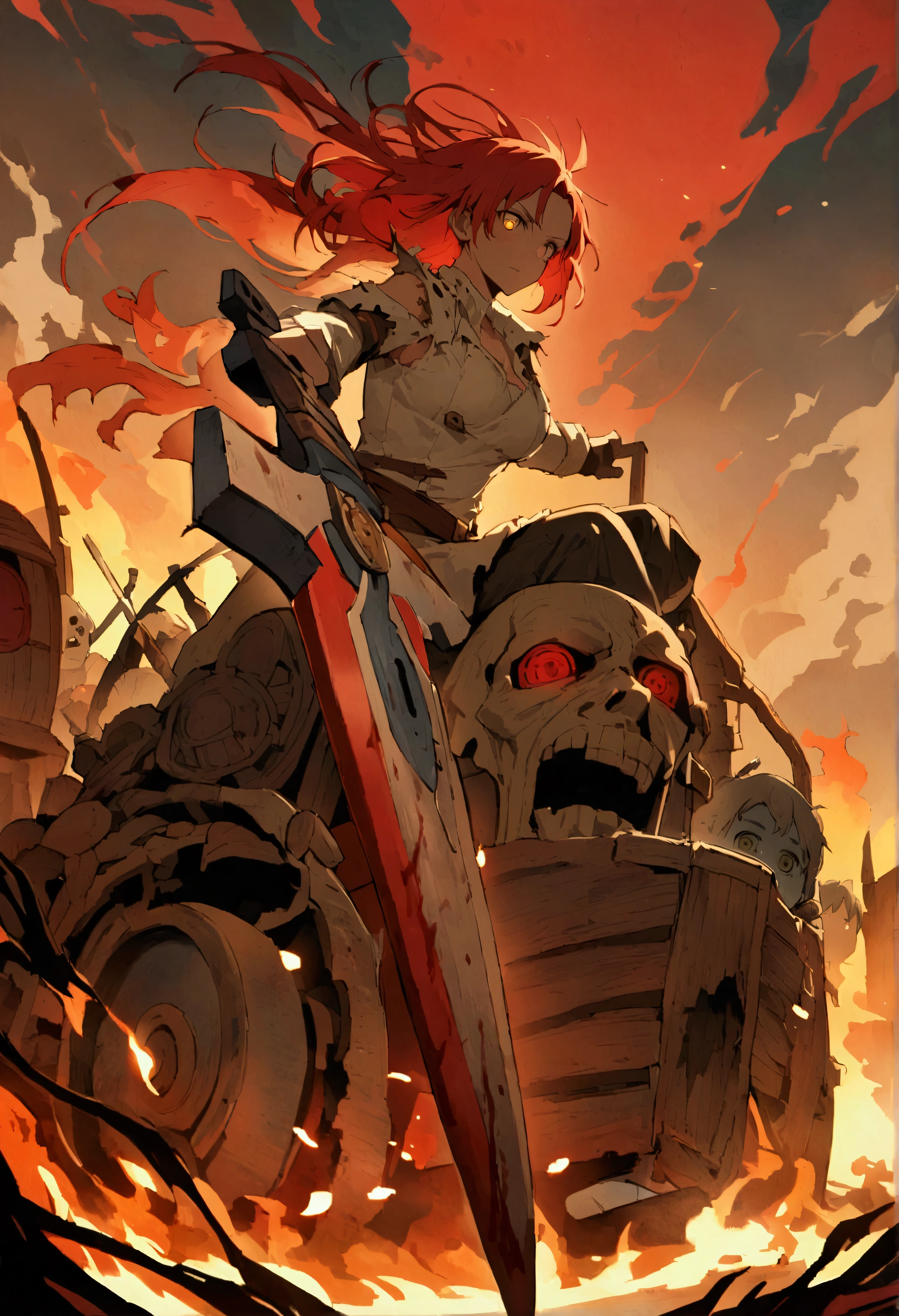 boudica（destiny）、Long red hair bleeding、bloodshot eyes、gorgeous、Holding a broken sword、Burning Background、Disheveled Hair、Tattered clothes、Chariot