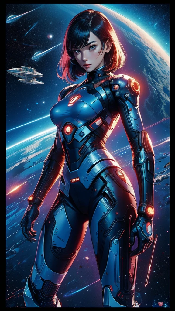 ((masterpiece, Highest quality)), 32K Wallpapers, Very detailed, Poster, Vintage science fiction, 1960s,(((space thriller cinematic movie Poster))), (Bauhaus), shape,Abstract, Midcentury Modern, movie Poster, Vintage, A woman fused with a robot,anime,1970s,Halftone,Speech bubble,Milky Way,(Superhero),((portfolio,close)),Cyborg of the Future,Combination of machine and woman,Space War,Star Wars,Evangelion,Gantz,Cyborg Lady