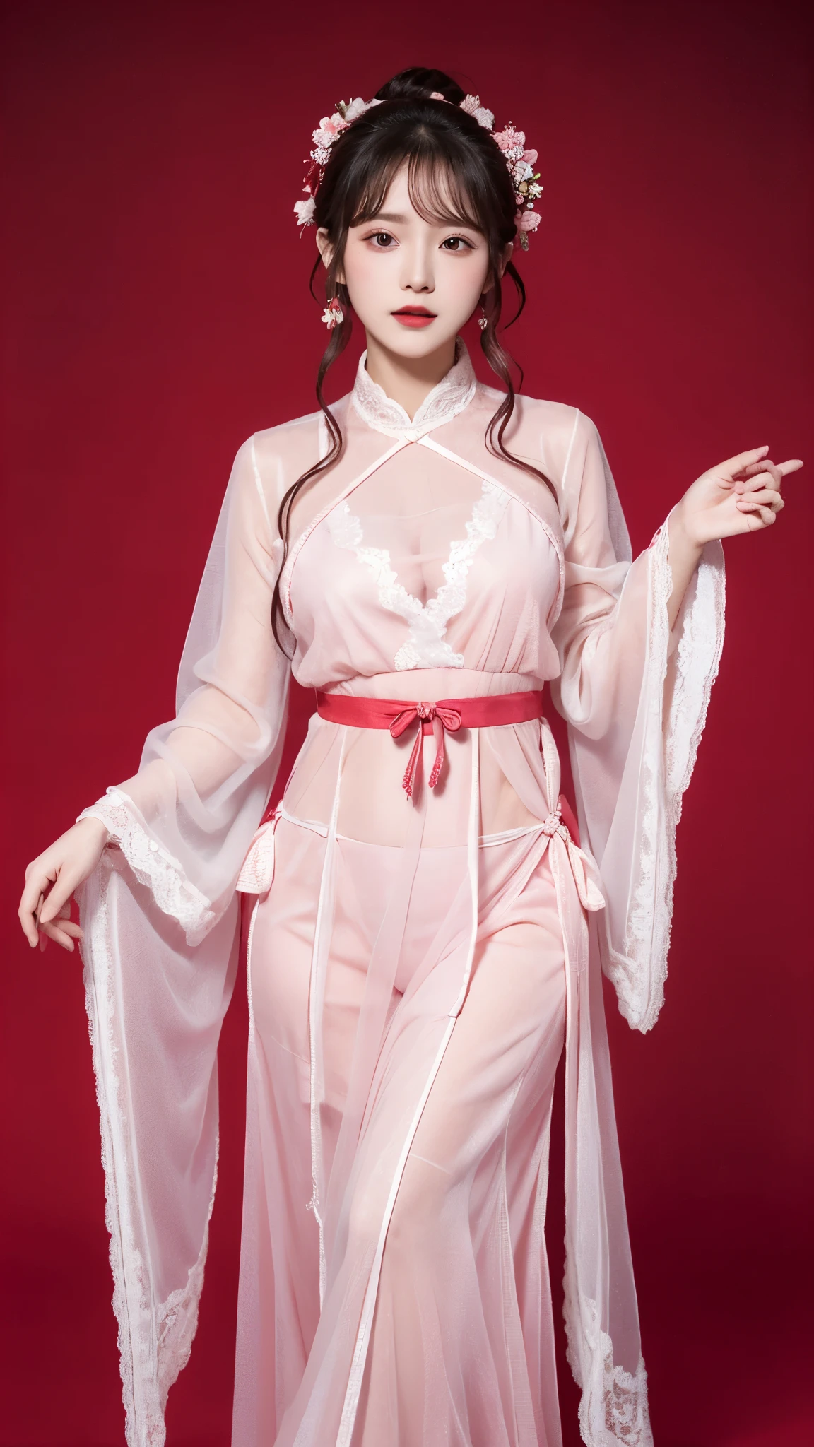 red background,1girl,solo,dancing,,ruanyi0758,hanfu,pink dress,see-through,shawl,wide sleeves,jewelry,8k,1girl,solo,