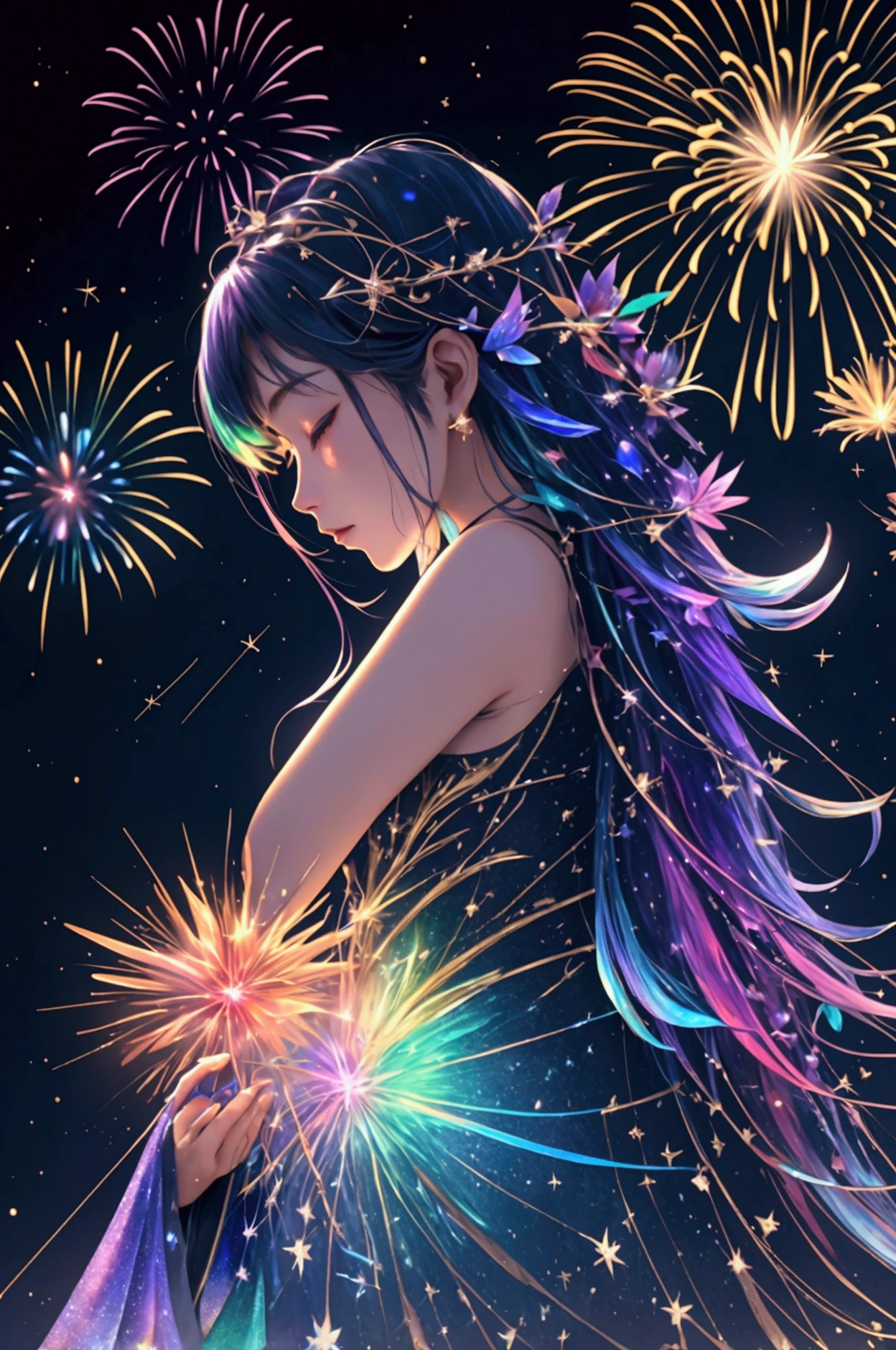 Countless rainbow-colored fireworks are launched、Iridescent幻想的なNight Sky、constellation,Mysterious Landscape、firework、firework大会、Iridescentfireworkが打ちあがっている瞬間、夜nullとともに、幻想的な海景色で壮大なfirework、future都市、Highest quality、masterpiece, (Diffuse reflection of light:1.2), When the fantastic rainbow turns into shadow, bathed in a mystical atmosphere.Cast magic spells. evoke a sense of wonder and awe. A fusion of natural grandeur and magic, Weaving dreams into reality. Behold, null, And the unknown, wonderful風景、 Iridescentconstellation、Iridescent空包み込まれそうな瞬間，When the stars shine in rainbow colors、Astronomical Observation、Planetarium、meteor、colorful，美しいconstellation、3D，wonderful景色，Night Sky，An atmosphere full of dreams and hope，masterpiece．16K, Ultra-high resolution, to be born,wonderful ,future、Iridescent、The world 30 years from now。