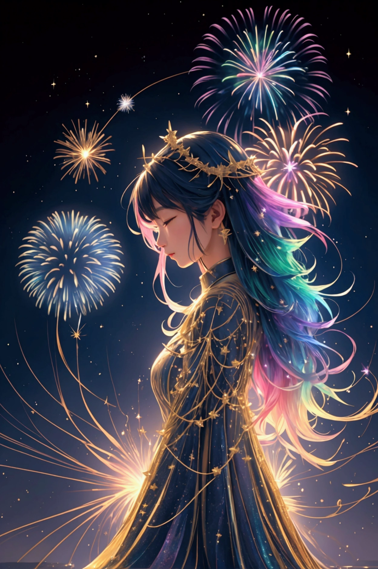 Countless rainbow-colored fireworks are launched、Iridescent幻想的なNight Sky、constellation,Mysterious Landscape、firework、firework大会、Iridescentfireworkが打ちあがっている瞬間、夜nullとともに、幻想的な海景色で壮大なfirework、future都市、Highest quality、masterpiece, (Diffuse reflection of light:1.2), When the fantastic rainbow turns into shadow, bathed in a mystical atmosphere.Cast magic spells. evoke a sense of wonder and awe. A fusion of natural grandeur and magic, Weaving dreams into reality. Behold, null, And the unknown, wonderful風景、 Iridescentconstellation、Iridescent空包み込まれそうな瞬間,When the stars shine in rainbow colors、Astronomical Observation、Planetarium、meteor、colorful,美しいconstellation、3D,wonderful景色,Night Sky,An atmosphere full of dreams and hope,masterpiece.16K, Ultra-high resolution, to be born,wonderful ,future、Iridescent、The world 30 years from now。
