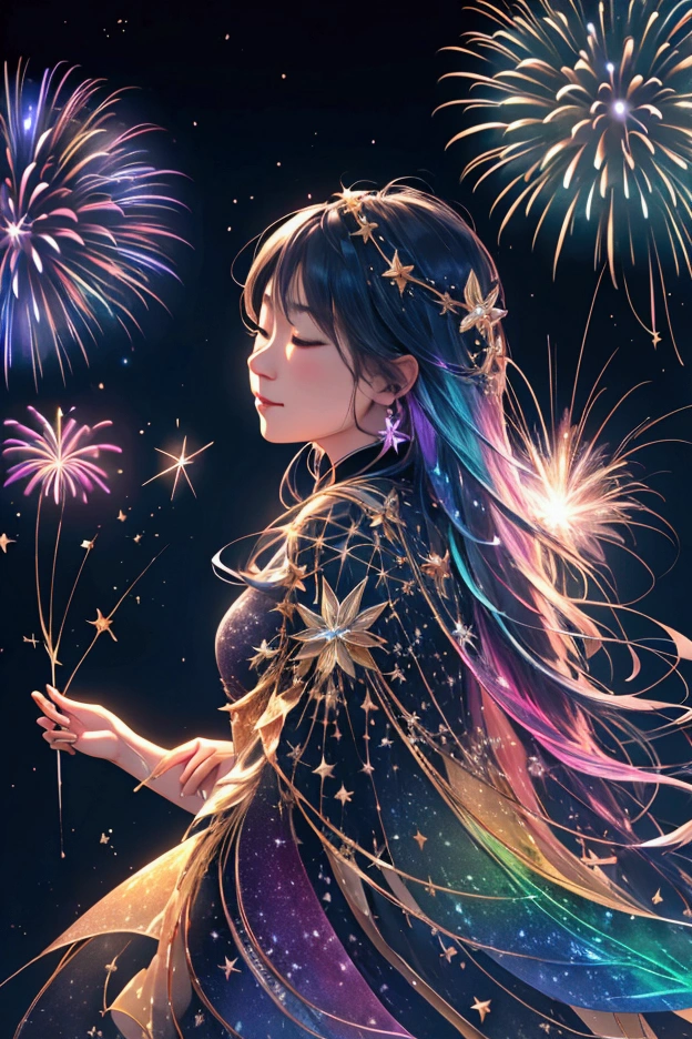 Countless rainbow-colored fireworks are launched、Iridescent幻想的なNight Sky、constellation,Mysterious Landscape、firework、firework大会、Iridescentfireworkが打ちあがっている瞬間、夜nullとともに、幻想的な海景色で壮大なfirework、future都市、Highest quality、masterpiece, (Diffuse reflection of light:1.2), When the fantastic rainbow turns into shadow, bathed in a mystical atmosphere.Cast magic spells. evoke a sense of wonder and awe. A fusion of natural grandeur and magic, Weaving dreams into reality. Behold, null, And the unknown, wonderful風景、 Iridescentconstellation、Iridescent空包み込まれそうな瞬間,When the stars shine in rainbow colors、Astronomical Observation、Planetarium、meteor、colorful,美しいconstellation、3D,wonderful景色,Night Sky,An atmosphere full of dreams and hope,masterpiece.16K, Ultra-high resolution, to be born,wonderful ,future、Iridescent、The world 30 years from now。