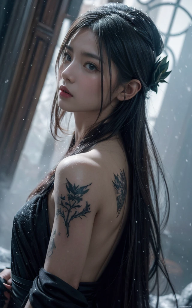(snowstorm, dissolve:1.3), greg rutkowski style, many details, symmetric, dark fantasy, dark botanical, intricate, tattoo, imaginative, highly detailed