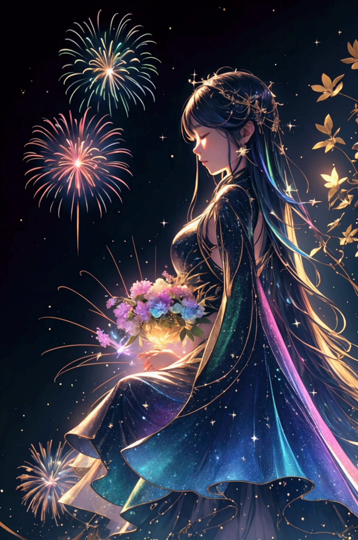 Countless rainbow-colored fireworks are launched、Iridescent幻想的なNight Sky、constellation,Mysterious Landscape、firework、firework大会、Iridescentfireworkが打ちあがっている瞬間、夜nullとともに、幻想的な海景色で壮大なfirework、future都市、Highest quality、masterpiece, (Diffuse reflection of light:1.2), When the fantastic rainbow turns into shadow, bathed in a mystical atmosphere.Cast magic spells. evoke a sense of wonder and awe. A fusion of natural grandeur and magic, Weaving dreams into reality. Behold, null, And the unknown, wonderful風景、 Iridescentconstellation、Iridescent空包み込まれそうな瞬間,When the stars shine in rainbow colors、Astronomical Observation、Planetarium、meteor、colorful,美しいconstellation、3D,wonderful景色,Night Sky,An atmosphere full of dreams and hope,masterpiece.16K, Ultra-high resolution, to be born,wonderful ,future、Iridescent、The world 30 years from now。