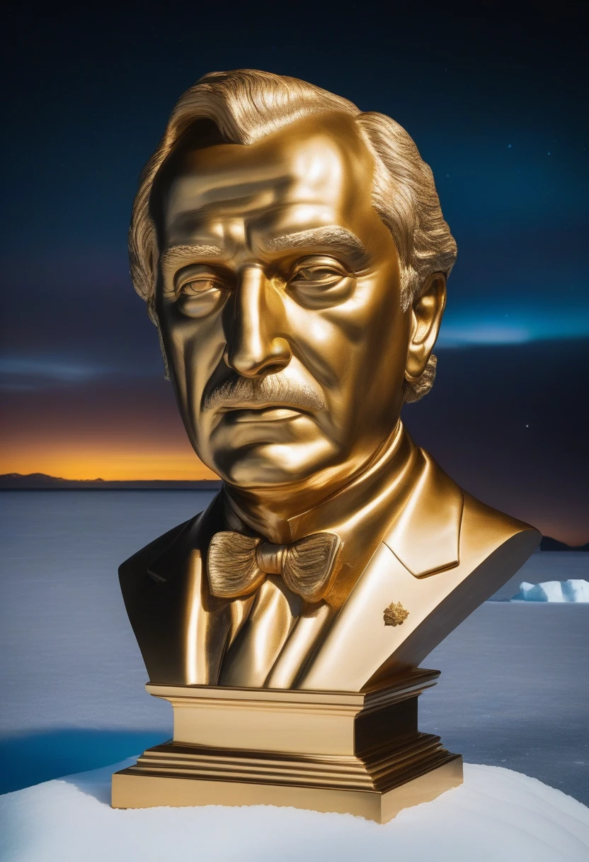 the resplendent solid gold bust of franjo tudjman croatian president, marble embossed plinth writing, frozen wasteland of antarctica, nighttime, brilliant moonlight, icy water, aurora, stars, galaxies, nebulae