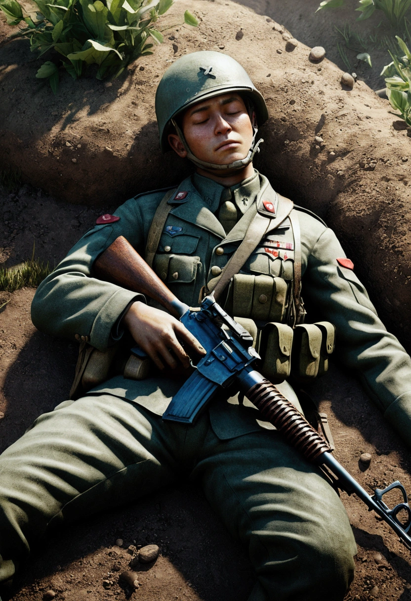 Wounded soldier in bandages smeared with blood、