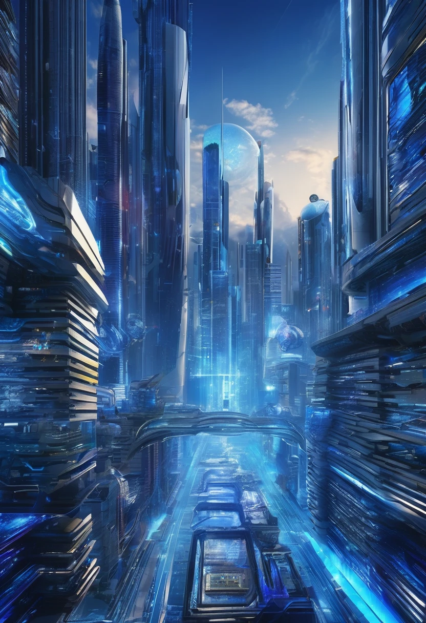 A cybercity urban space never seen before by Earthlings、Single Sapphire Blue、Floating and moving、ultra precise detailed、Detailed depiction