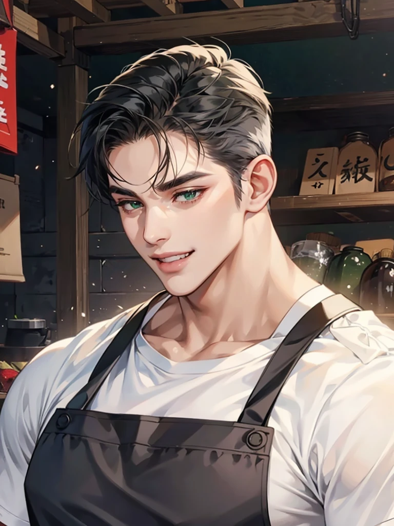 men wear dark gray shining apron over white T-shirt, muscular and handsome,fang,green eyes,facial hair,fish market,Smile, Open Mouth, Closed Eyes, 