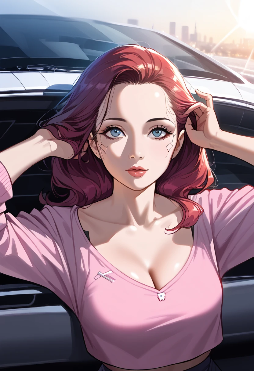 High angle photo of gorgeous young woman in cyberpunk style, Realistic skin texture, look up,Pink sweatshirt,Posing in a car, 1 / 2. Body Crop, 8 5mm Art Lens, 1 1. 2, Sharp focus, 8K high resolution, Very detailed, Complex, elegant, Art by Stanley Lau and Cyberpunk