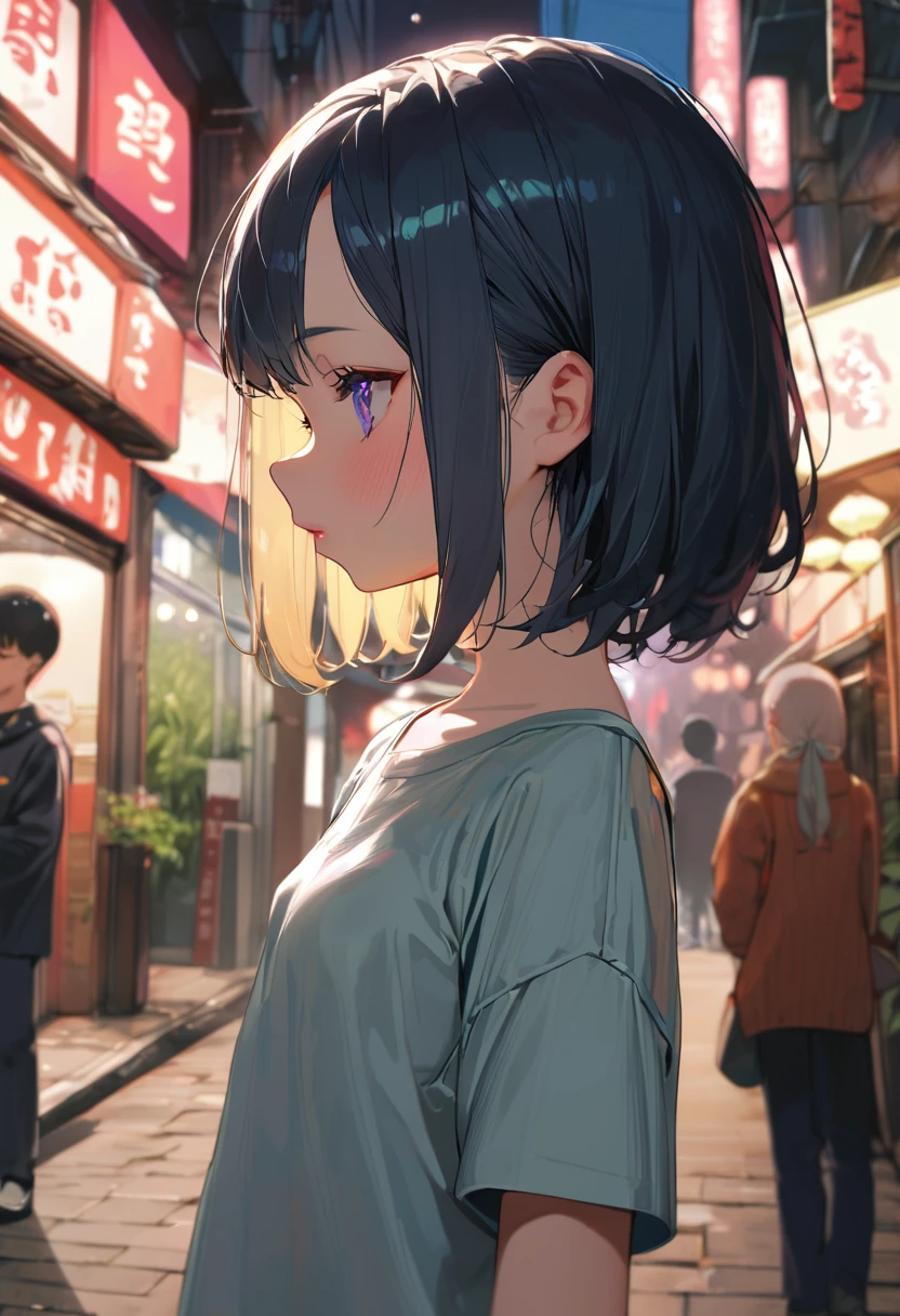 (Masterpiece, BestQuality),anime girl,lofi,japan,street,side view,(16yo,tween,detailed face,eyebrows,eyes with large irises,small breasts,small nose, fresh lips,shiny skin,short hight),