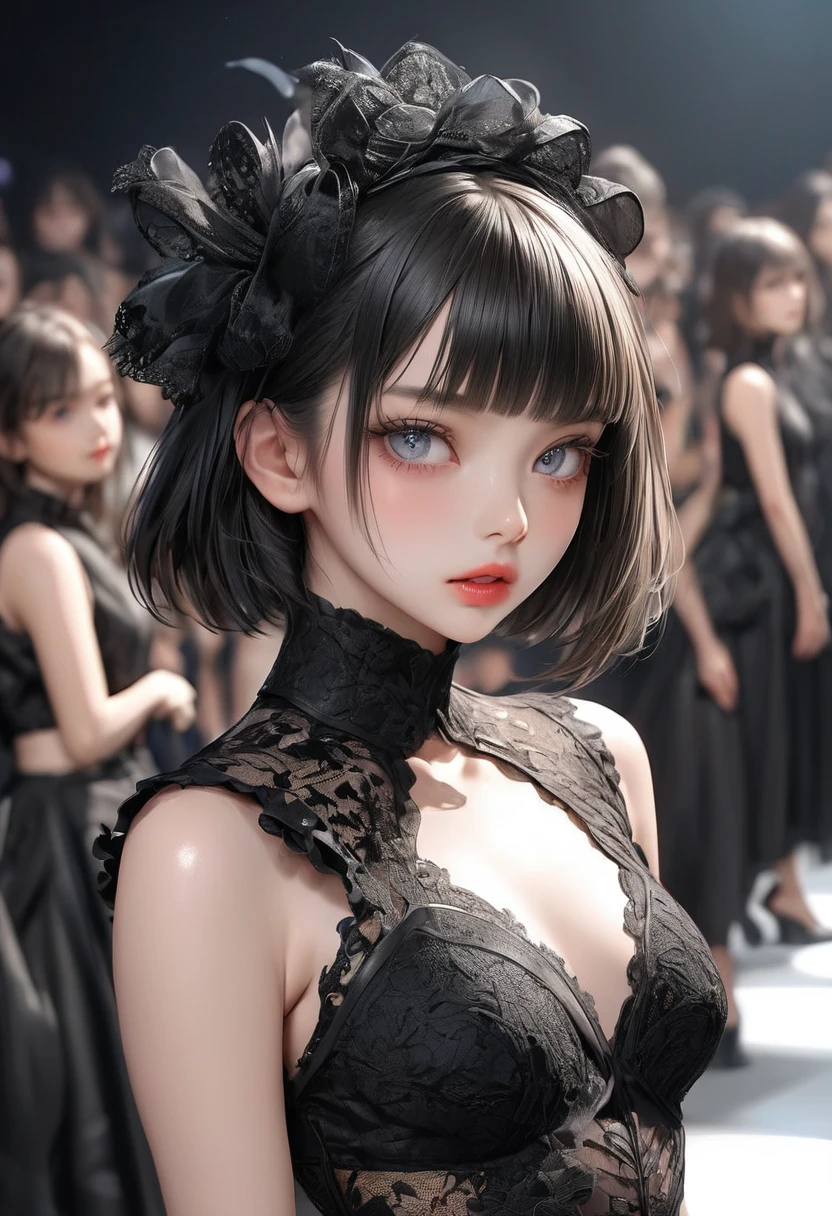 masterpiece: 1.2, highres, highest quality, 16k, ultra-realistic, photorealistic: 1.37, beautiful detailed, 1girl , solo, beautiful fashion model women, at avant-garde fashion show, Avant-garde fashion based on black lace, scenes of they pose on stage at fashion shows, beautiful posture, facial expressions, the way they walk, attractive poses, demeanor, full of confidence expression,short straight black bob, blunt bangs, detailed face and eyes, pupils, long eyelashes, full lips, beautiful posing, from side below
