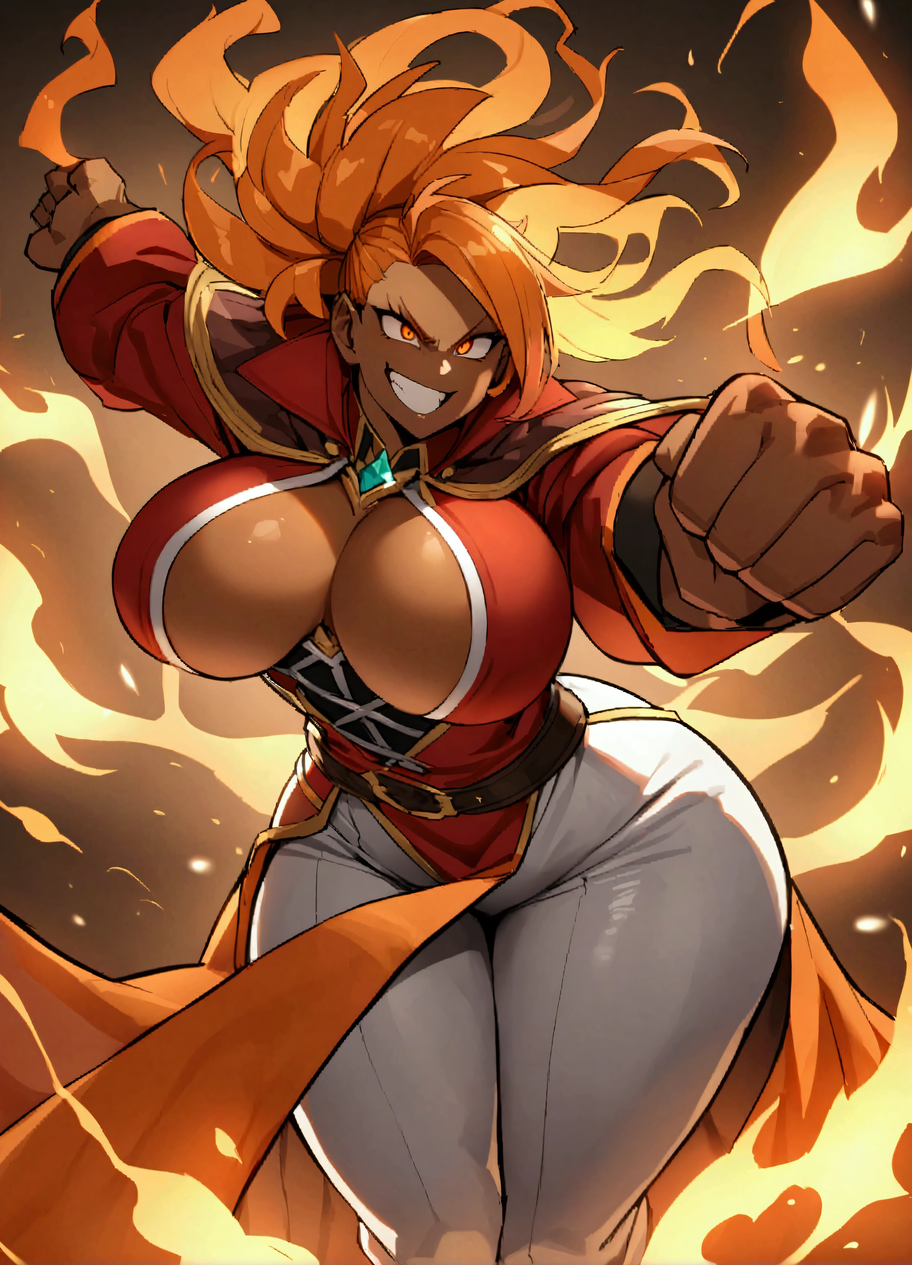 Explosive Wizard、Mature witch、Big Breasts、Orange Hair、Burning Hair、shortage々new hair、Burning Fire、Red jacket、White trousers、Orange Cape、Explosive Fist、Burning Hair、Flame Hair、勇fierce果敢、fierce々Enthusiasm、Sharp Eyes、Ferocious grin、Muscular、Brown skin