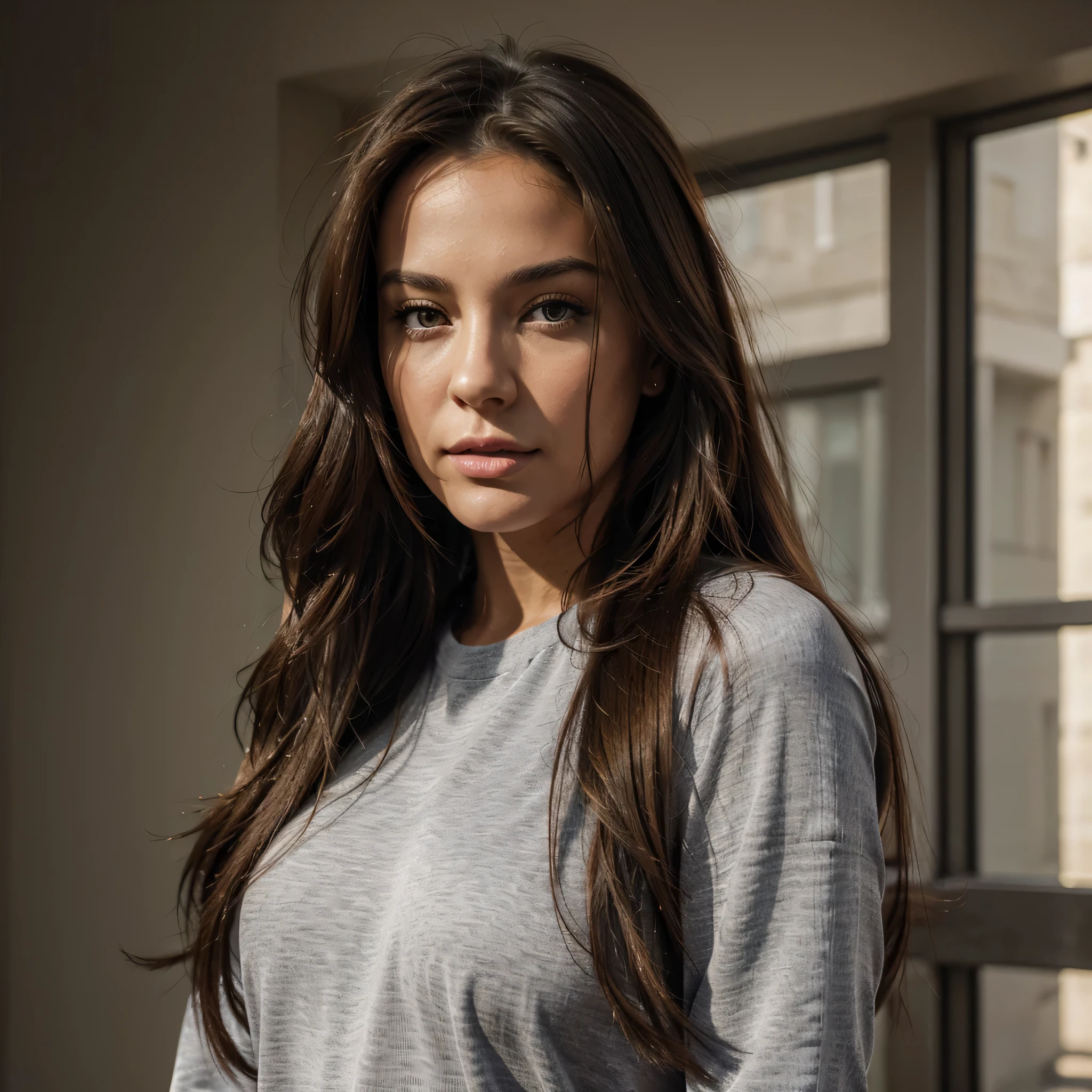 brune. true, reel , that the head, belle , instagramart , realistic,face, magnificent , yeux gris, long hair, luscious mouth,  his btrassiere ,  cul jogging, Good , crunch, reel, realistic