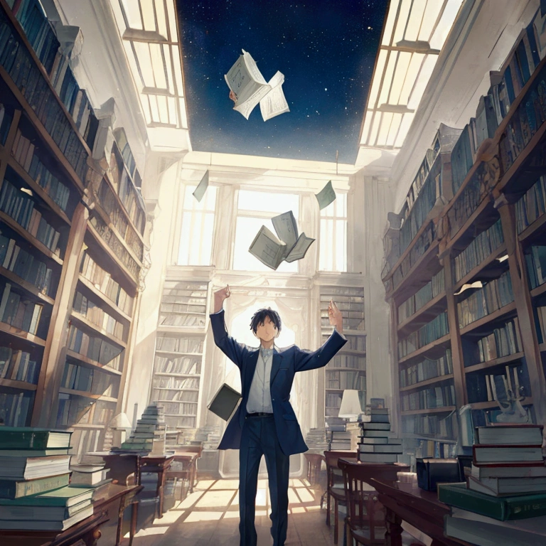 landscape scene。Countless books floating in the air、Space to fly freely。The man is enveloped in a soft glow that overflows from the pages of the book.。The innermost room of the library。