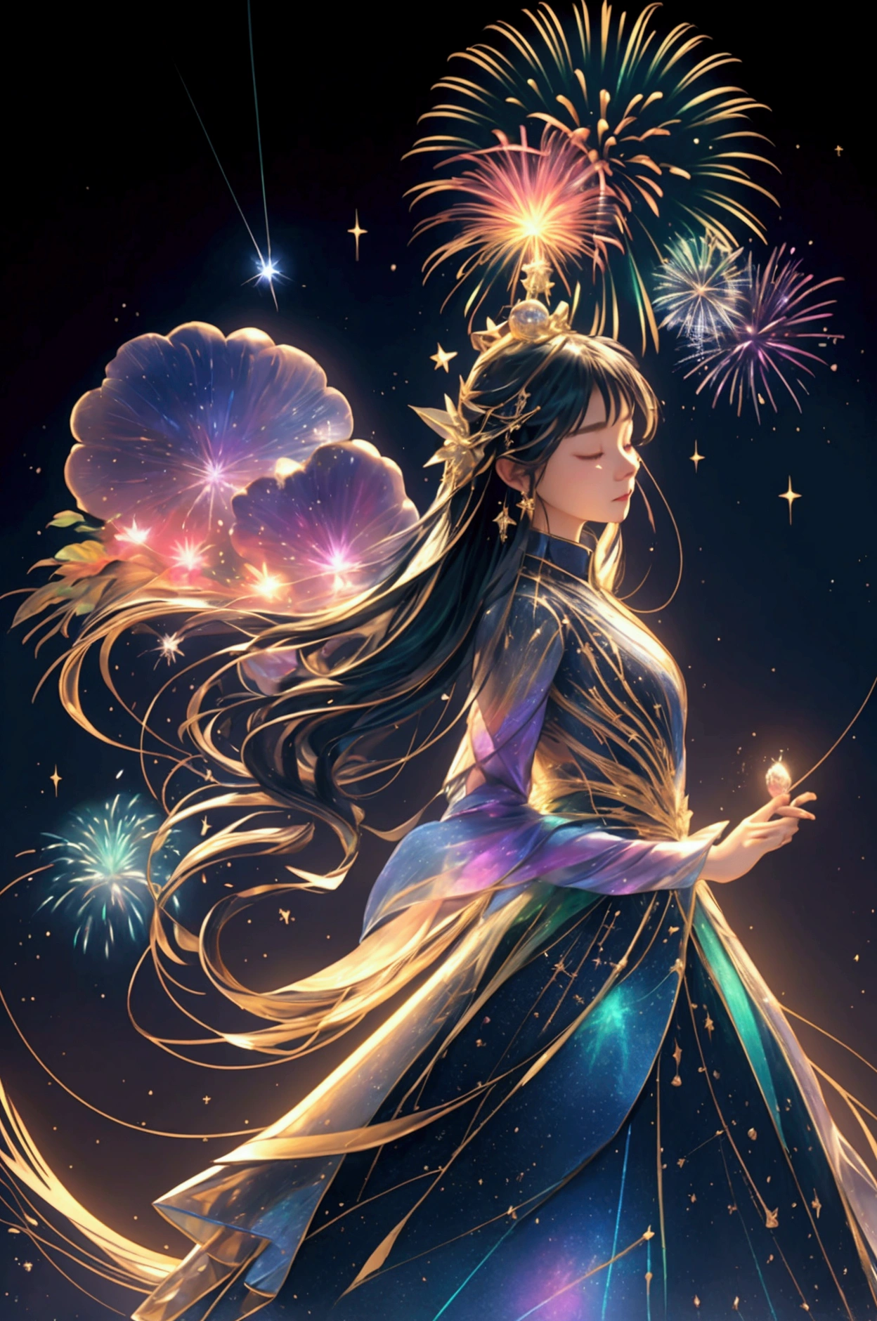 Countless rainbow-colored fireworks are launched、Iridescent幻想的なNight Sky、constellation,Mysterious Landscape、firework、firework大会、Iridescentfireworkが打ちあがっている瞬間、夜nullとともに、幻想的な海景色で壮大なfirework、future都市、Highest quality、masterpiece, (Diffuse reflection of light:1.2), When the fantastic rainbow turns into shadow, bathed in a mystical atmosphere.Cast magic spells. evoke a sense of wonder and awe. A fusion of natural grandeur and magic, Weaving dreams into reality. Behold, null, And the unknown, wonderful風景、 Iridescentconstellation、Iridescent空包み込まれそうな瞬間,When the stars shine in rainbow colors、Astronomical Observation、Planetarium、meteor、colorful,美しいconstellation、3D,wonderful景色,Night Sky,An atmosphere full of dreams and hope,masterpiece.16K, Ultra-high resolution, to be born,wonderful ,future、Iridescent、The world 30 years from now。