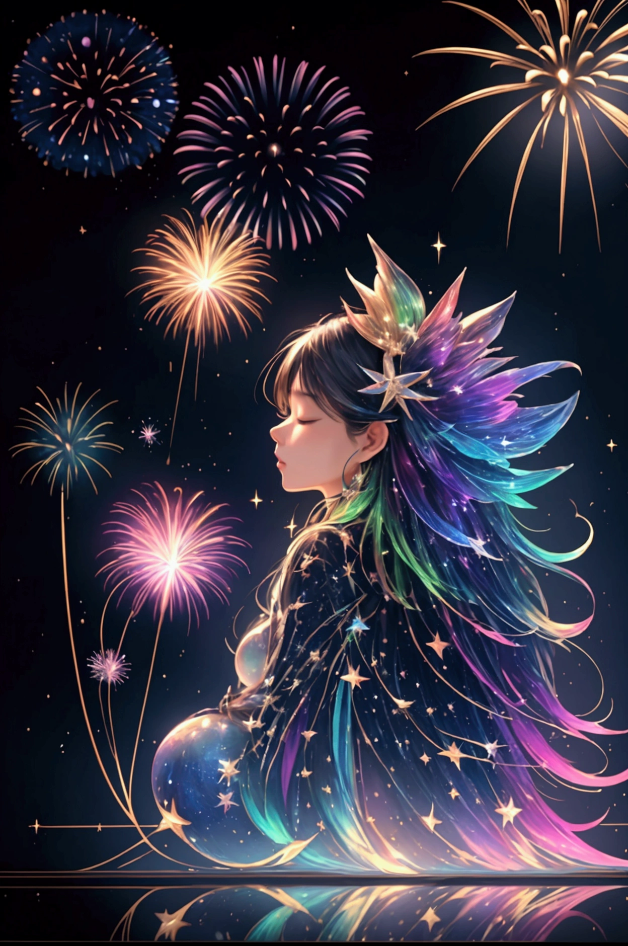 Countless rainbow-colored fireworks are launched、Iridescent幻想的なNight Sky、constellation,Mysterious Landscape、firework、firework大会、Iridescentfireworkが打ちあがっている瞬間、夜nullとともに、幻想的な海景色で壮大なfirework、future都市、Highest quality、masterpiece, (Diffuse reflection of light:1.2), When the fantastic rainbow turns into shadow, bathed in a mystical atmosphere.Cast magic spells. evoke a sense of wonder and awe. A fusion of natural grandeur and magic, Weaving dreams into reality. Behold, null, And the unknown, wonderful風景、 Iridescentconstellation、Iridescent空包み込まれそうな瞬間,When the stars shine in rainbow colors、Astronomical Observation、Planetarium、meteor、colorful,美しいconstellation、3D,wonderful景色,Night Sky,An atmosphere full of dreams and hope,masterpiece.16K, Ultra-high resolution, to be born,wonderful ,future、Iridescent、The world 30 years from now。