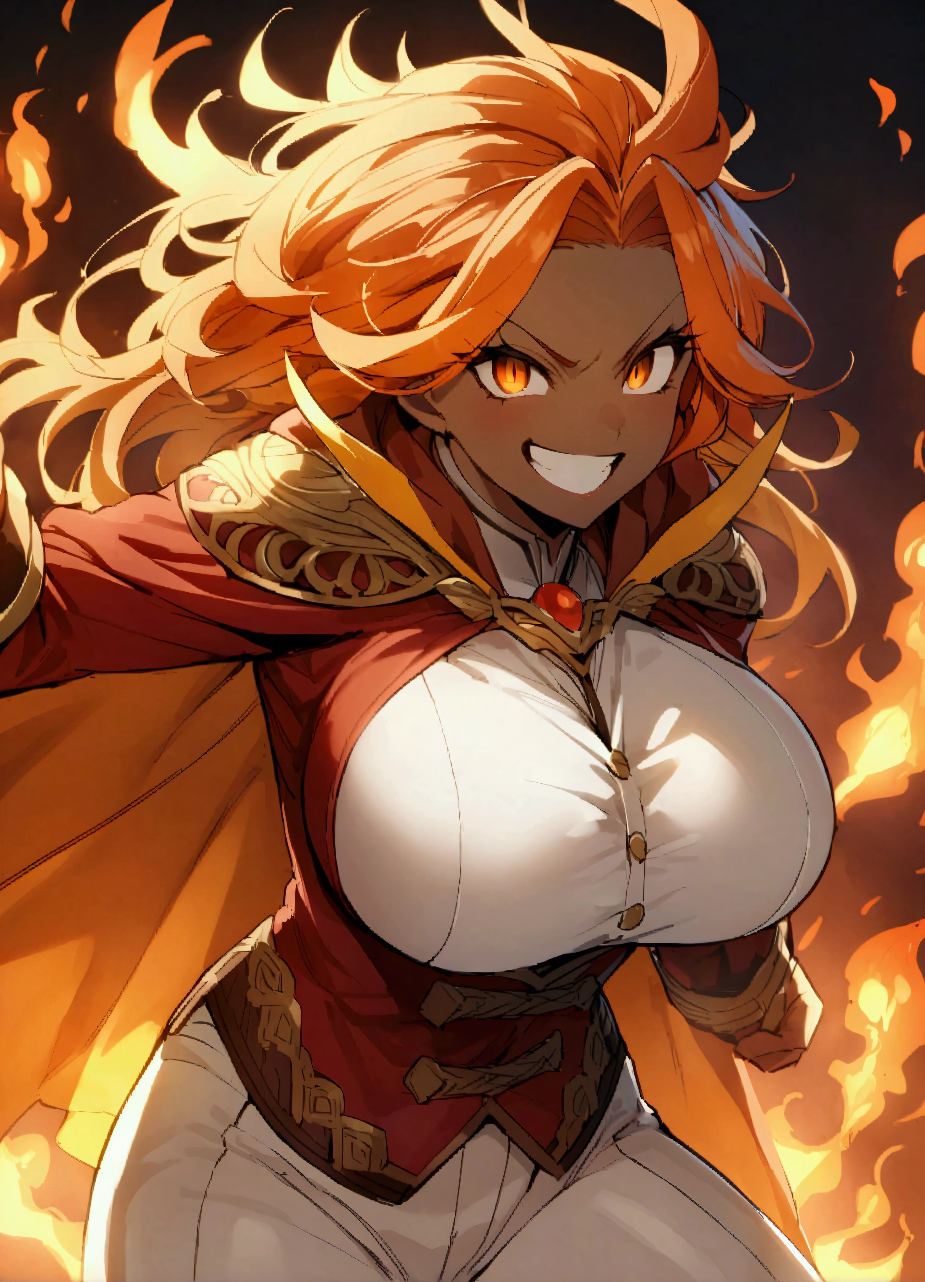 solo、１people、Explosive Wizard、Mature witch、Big Breasts、Orange Hair、Burning Hair、shortage々new hair、Burning Fire、Red jacket、White trousers、Orange Cape、Explosive Fist、Burning Hair、Flame Hair、勇fierce果敢、fierce々Enthusiasm、Sharp Eyes、Ferocious grin、Muscular、Brown skin