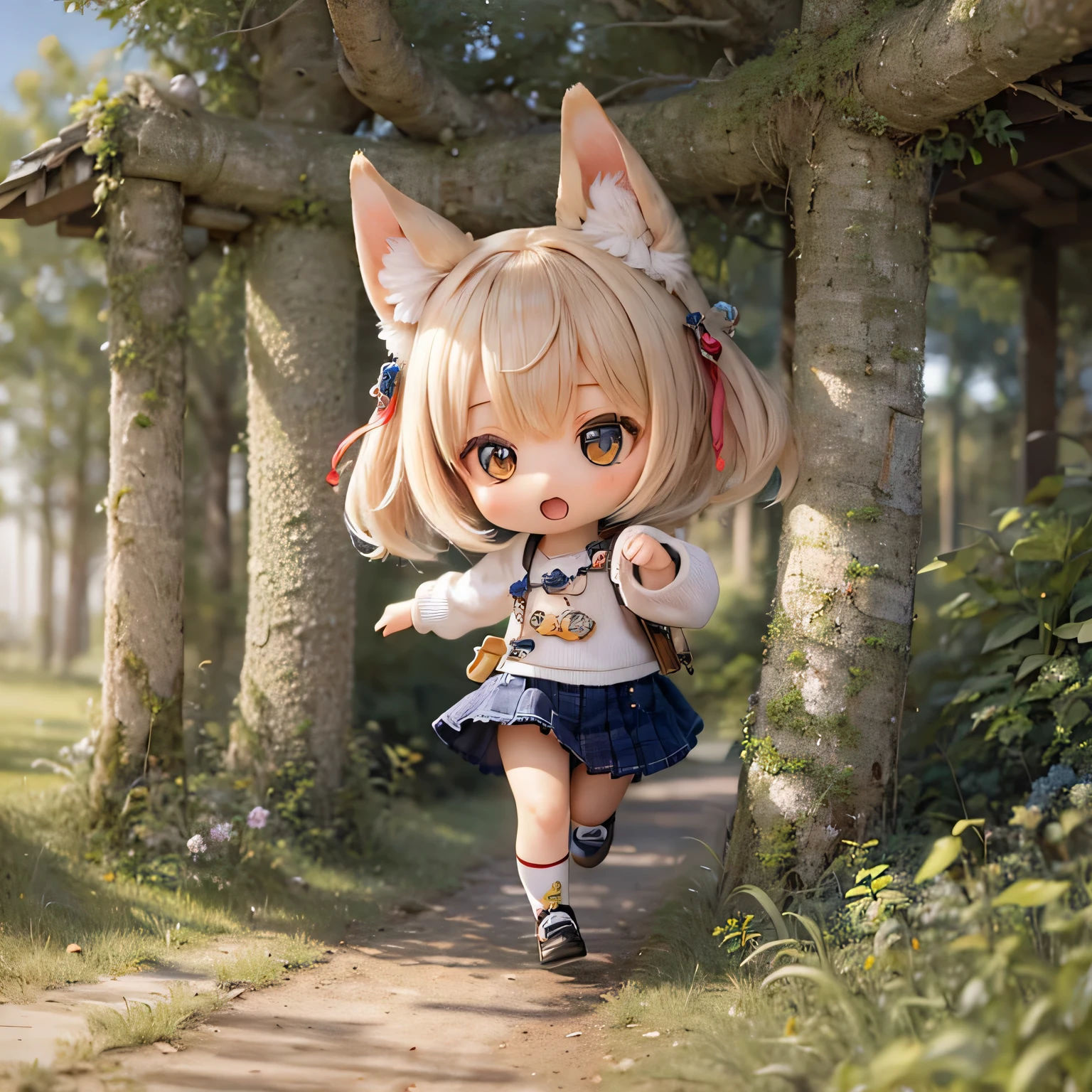 Anime girl with a cat ears and a dress walking down a path - SeaArt AI