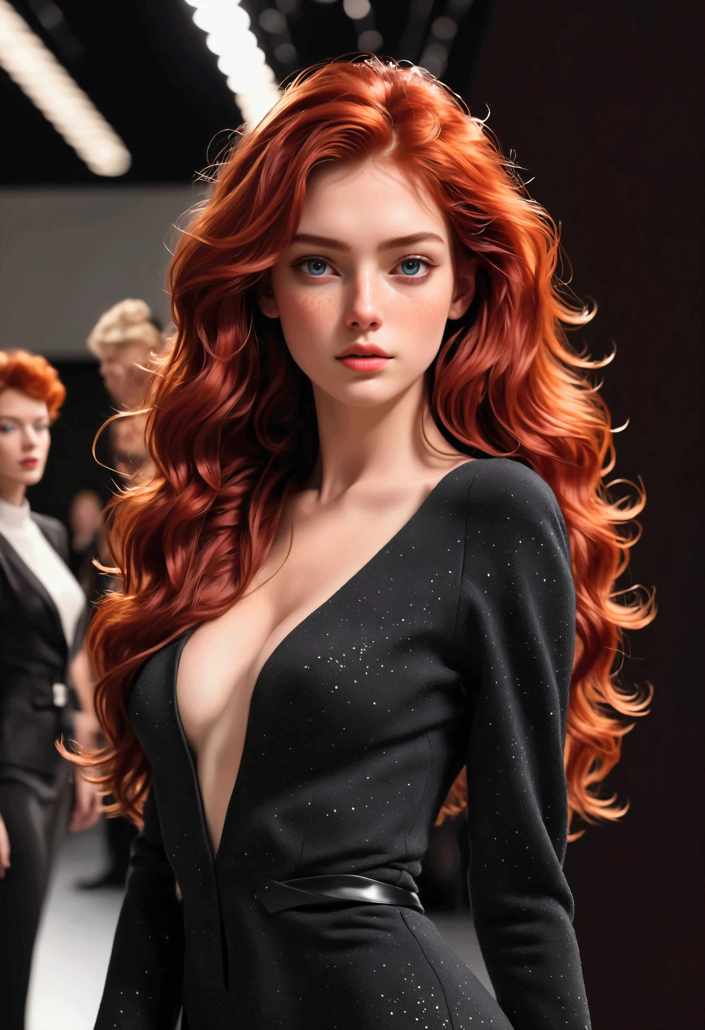 Create a breathtaking, ultra-high-definition image in 16K resolution that captures the elegance and innovation of a high-fashion runway scene, with a realistic photo aesthetic. | Visualize a stunning red-haired supermodel with flowing hair, beautiful eyes, an aquiline nose, and cute freckles across her cheeks. She exudes confidence and grace as she walks down the runway in avant-garde clothing. Her outfit is a bold and innovative design, blending unique fabrics, shapes, and textures to create a captivating and artistic ensemble. | The scene is set on a high-fashion runway, with dramatic lighting that highlights the model and her outfit. The background features an audience of fashion enthusiasts and critics, seated in rows, their attention focused on the model. The runway itself is sleek and reflective, adding a modern and sophisticated touch to the scene. | Capture the model in a dynamic pose, showcasing the movement and flow of her avant-garde attire. Her expression should convey a sense of poise and allure, as she confidently strides down the runway. The camera angle should emphasize her full body, highlighting the intricate details of her outfit and her statuesque figure. | The overall ambiance should integrate vibrant colors and rich details, creating a sense of depth and immersion in this high-fashion world. Ensure anatomical correctness, with a focus on ultra-detailed textures and high-quality rendering, capturing every nuance of the model's appearance and the avant-garde fashion design. This masterpiece should embody the spirit of innovation and elegance, immersing viewers in its lifelike depiction. | Keywords: (red-haired supermodel:1.3), ((realistic photo)), ((cute freckles):1.2), ((aquiline nose):1.2), ((beautiful eyes):1.2), ((avant-garde fashion)), ((fashion runway)), ((dynamic pose)), ((dramatic lighting)), ((detailed textures)), ((high quality)).
