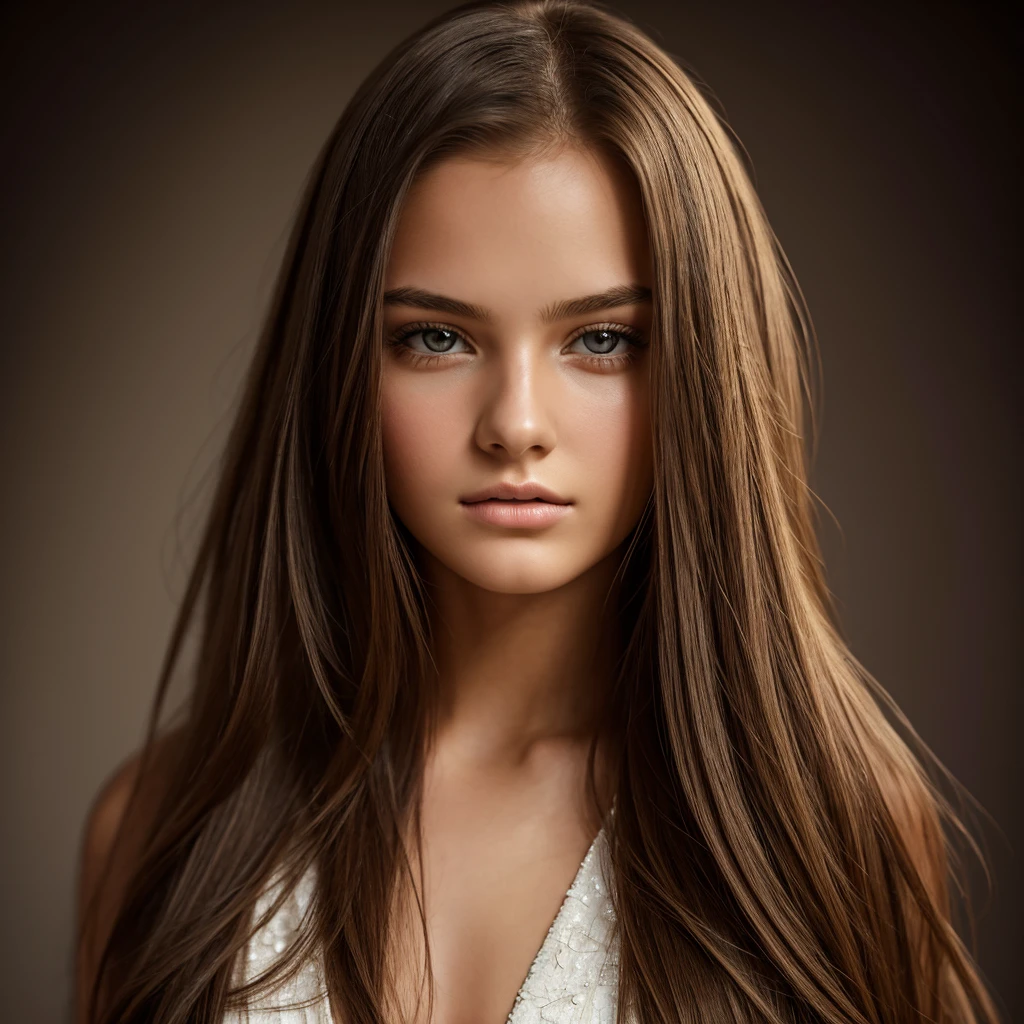a beautiful young teenage female model, detailed facial features, long flowing hair, elegant high fashion outfit, posing in a professional photo studio setting, dramatic studio lighting, high key lighting, soft diffused lighting, seamless backdrop, high resolution, photorealistic, cinematic, masterpiece