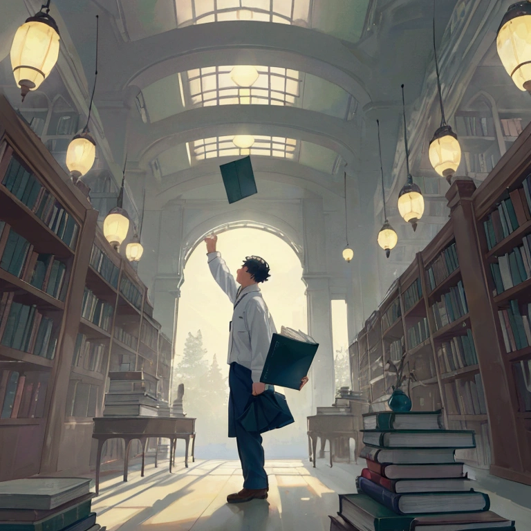 landscape scene。Countless books floating in the air、Space to fly freely。The man is enveloped in a soft glow that overflows from the pages of the book.。The innermost room of the library。