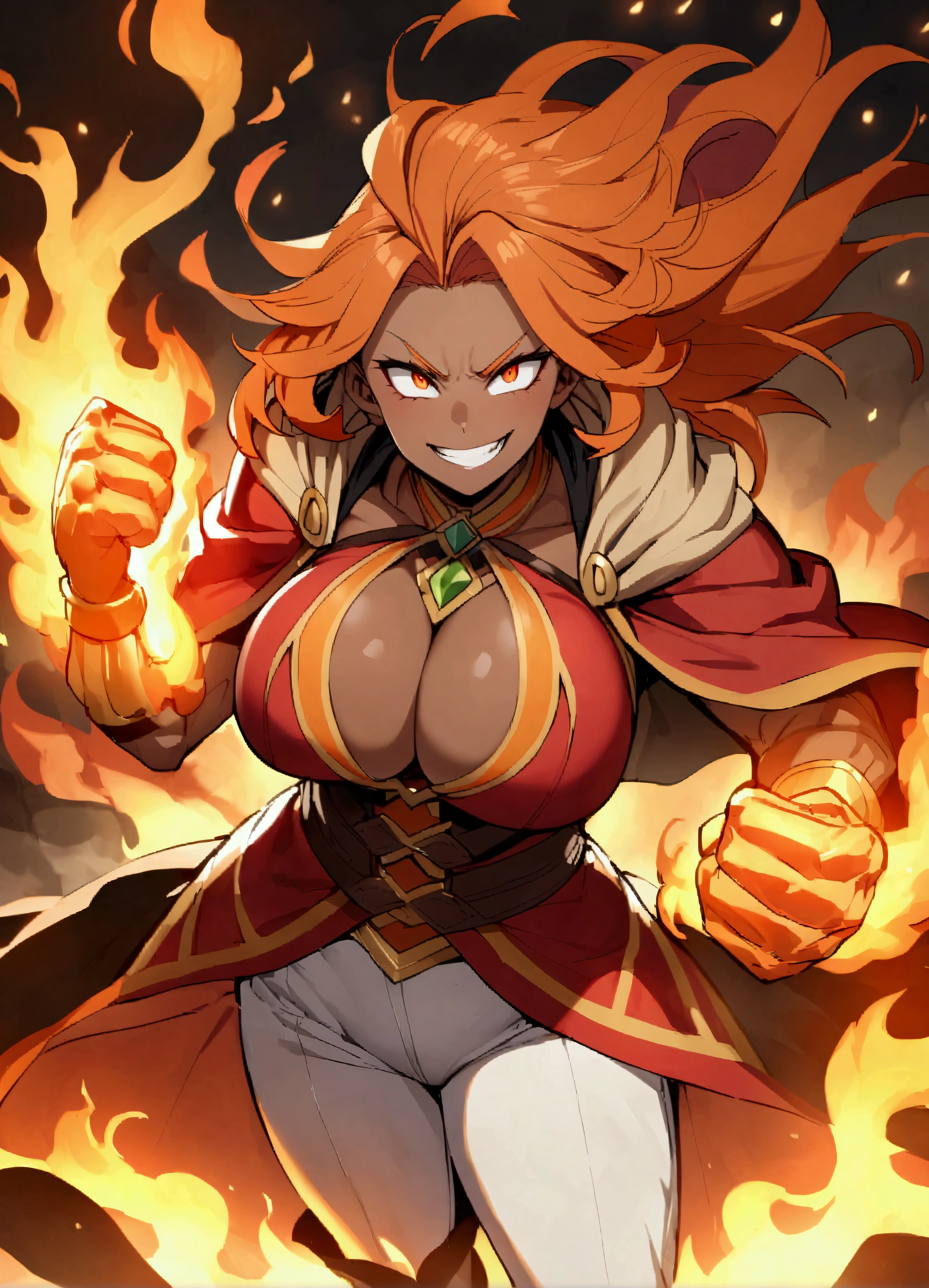 solo、１people、Explosive Wizard、Mature witch、Big Breasts、Orange Hair、Burning Hair、shortage々new hair、Burning Fire、Red jacket、White trousers、Orange Cape、Explosive Fist、Burning Hair、Flame Hair、勇fierce果敢、fierce々Enthusiasm、Sharp Eyes、Ferocious grin、Muscular、Brown skin