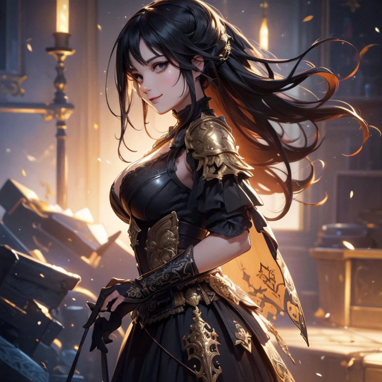 (artwork:1.4), (best quality:1.4), fantasy, extremely detailed, Intricate, hyper detailed illustration, soft lighting, 1 woman, black hair, Warrior, fold_over, smile, mature, (Perfect_Face), Standing, Ornate, Intricate, Dramatic Lighting, 4K, Detailed_Background, Caustic, Full_Body, Digital_Illustration, From_Side