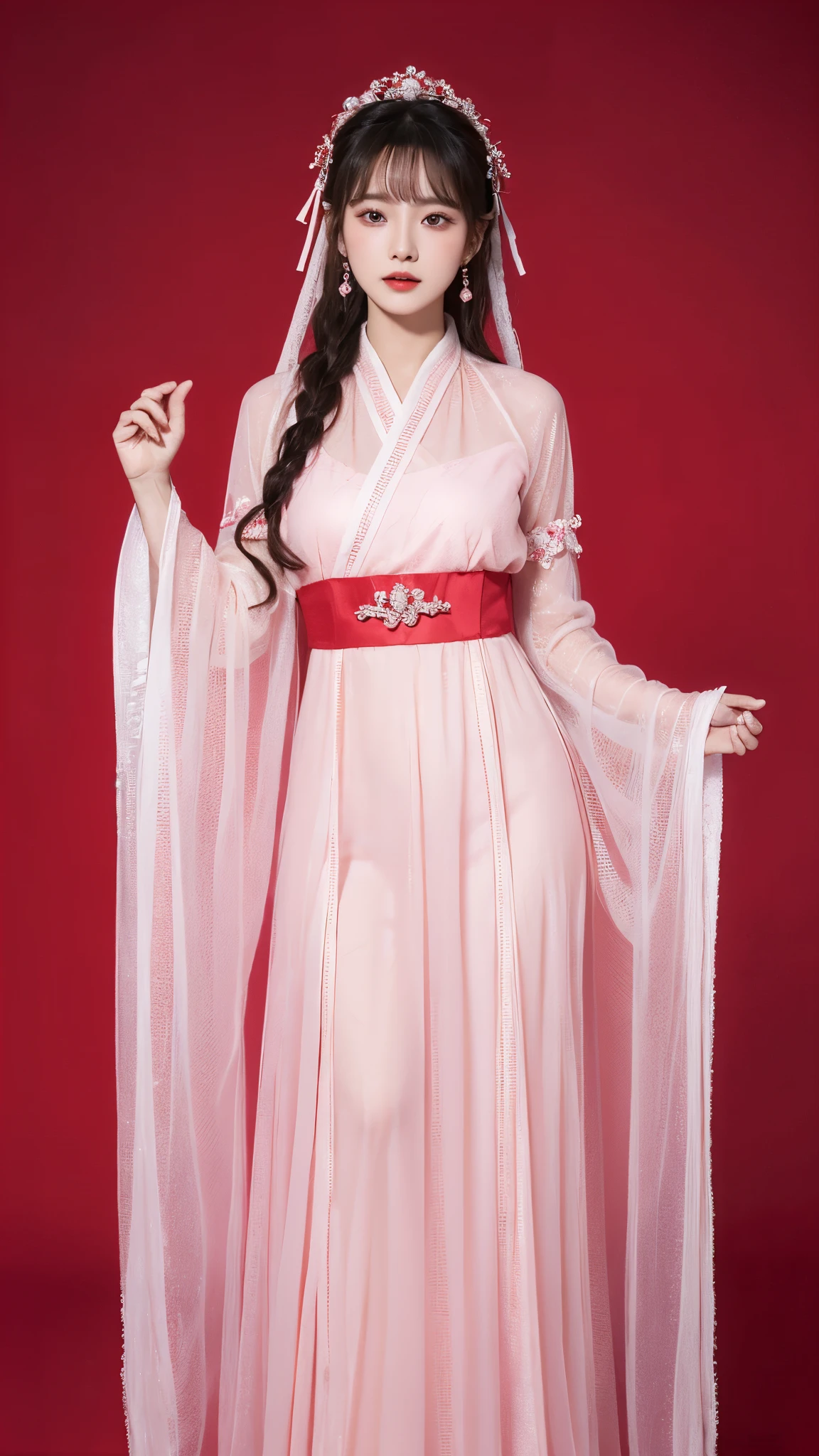 red background,1girl,solo,dancing,,ruanyi0758,hanfu,pink dress,see-through,shawl,wide sleeves,jewelry,8k,1girl,solo,