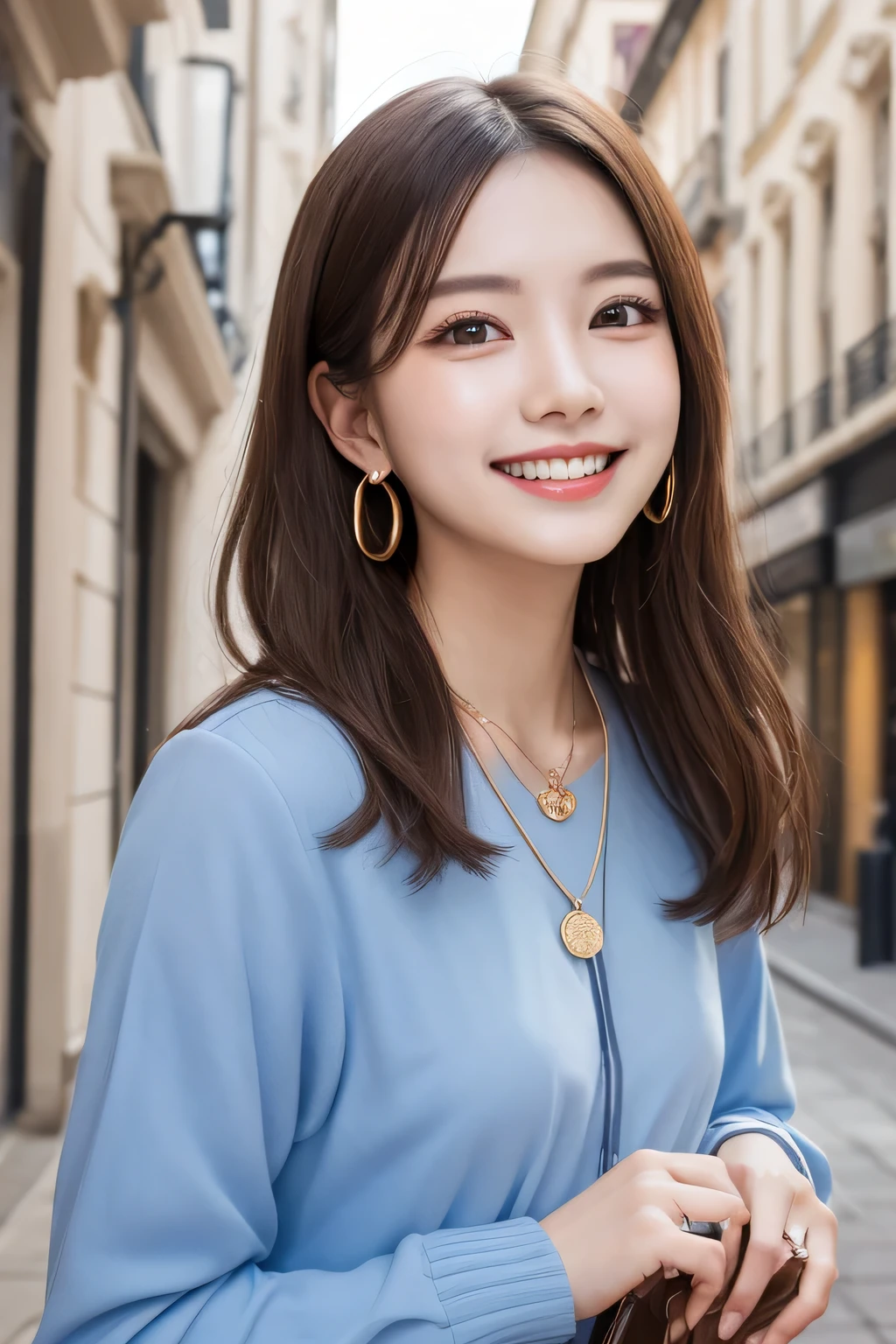 Highest quality, ,smile、Beautiful teeth alignment、Light brown hair、Dark eyeliner、、Long sleeve blouse、ear piercing、necklace, , Face Focus、The background is the building's corridor.