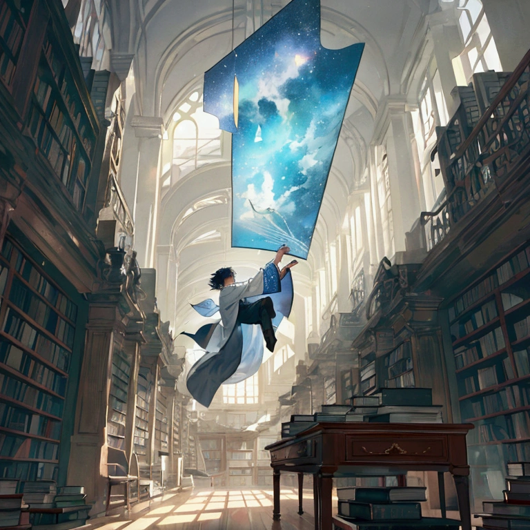 landscape scene。Countless books floating in the air、Space to fly freely。The man is enveloped in a soft glow that overflows from the pages of the book.。The innermost room of the library。The mystical atmosphere makes the entire library seem like a living entity.。