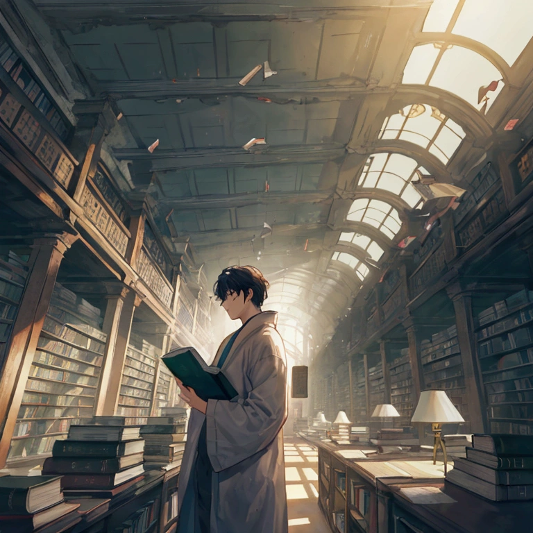 landscape scene。Countless books floating in the air、Space to fly freely。The man is enveloped in a soft glow that overflows from the pages of the book.。The innermost room of the library。The mystical atmosphere makes the entire library seem like a living entity.。
