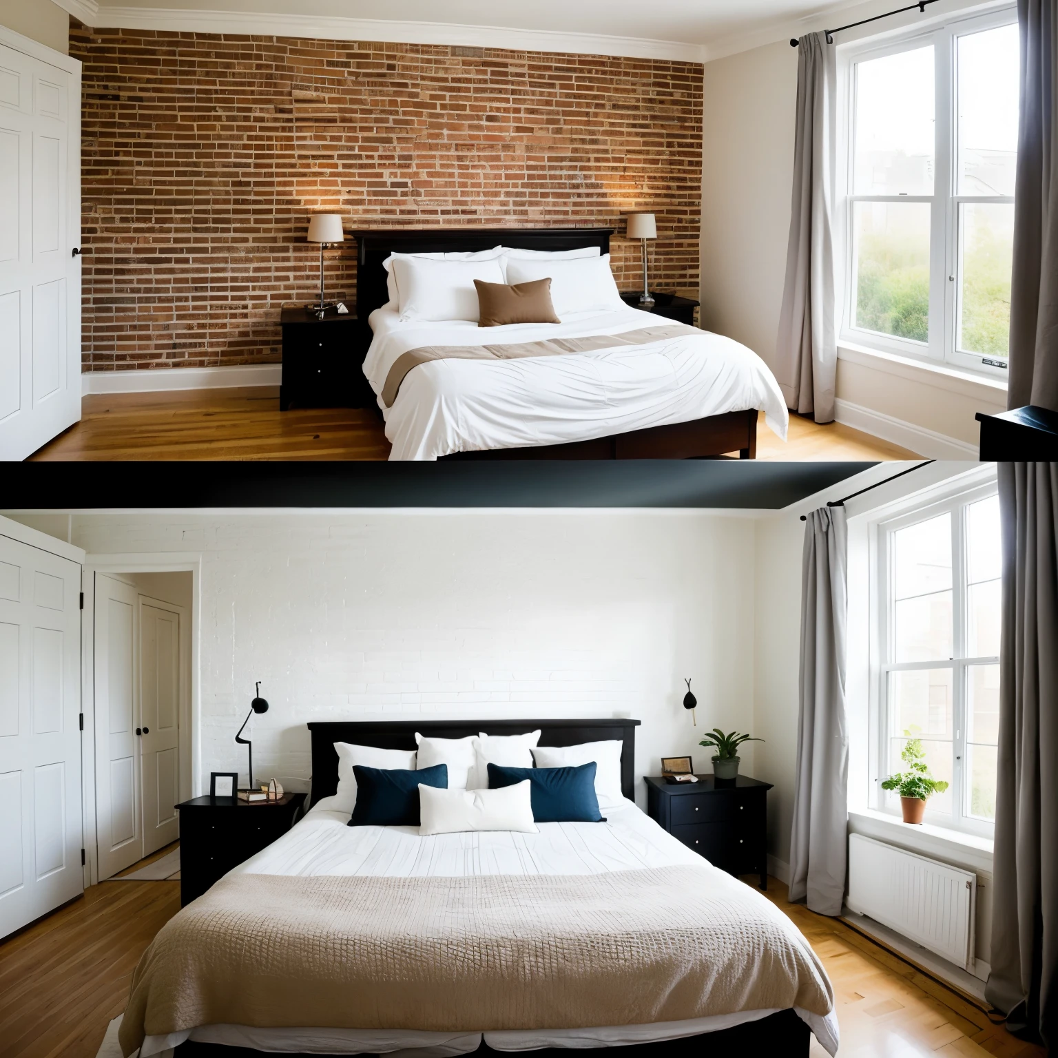 Create a picture of a small bedroom in a modern style. 
The wall is made of 19th century brick. The room has a double bed, a table with a bedside lamp, a wardrobe, a large window, a TV on the wall, decorations, a painting, a plant on the windowsill. Use a realistic art style with natural lighting. The photo should be expressive. Realistic photo, photo-realism, views from different sides.